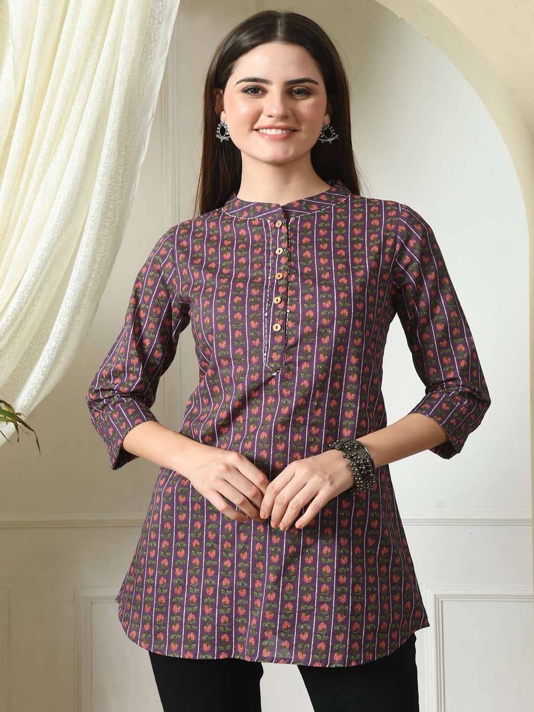 

DECKEDUP Mandarin Collar Printed Cotton Tunic, Purple