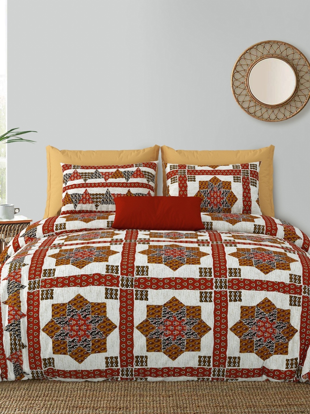 

LIVING ROOTS Double King Size Jaipur Block Print Cotton Double Bedsheet & 2 Pillow Covers, Red