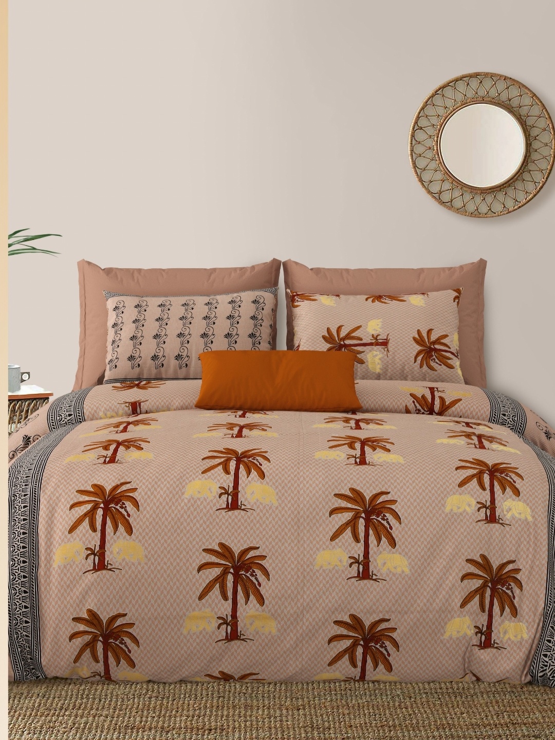 

LIVING ROOTS Double King Size Jaipur Block Print Cotton Double Bedsheet & 2 Pillow Covers, Brown