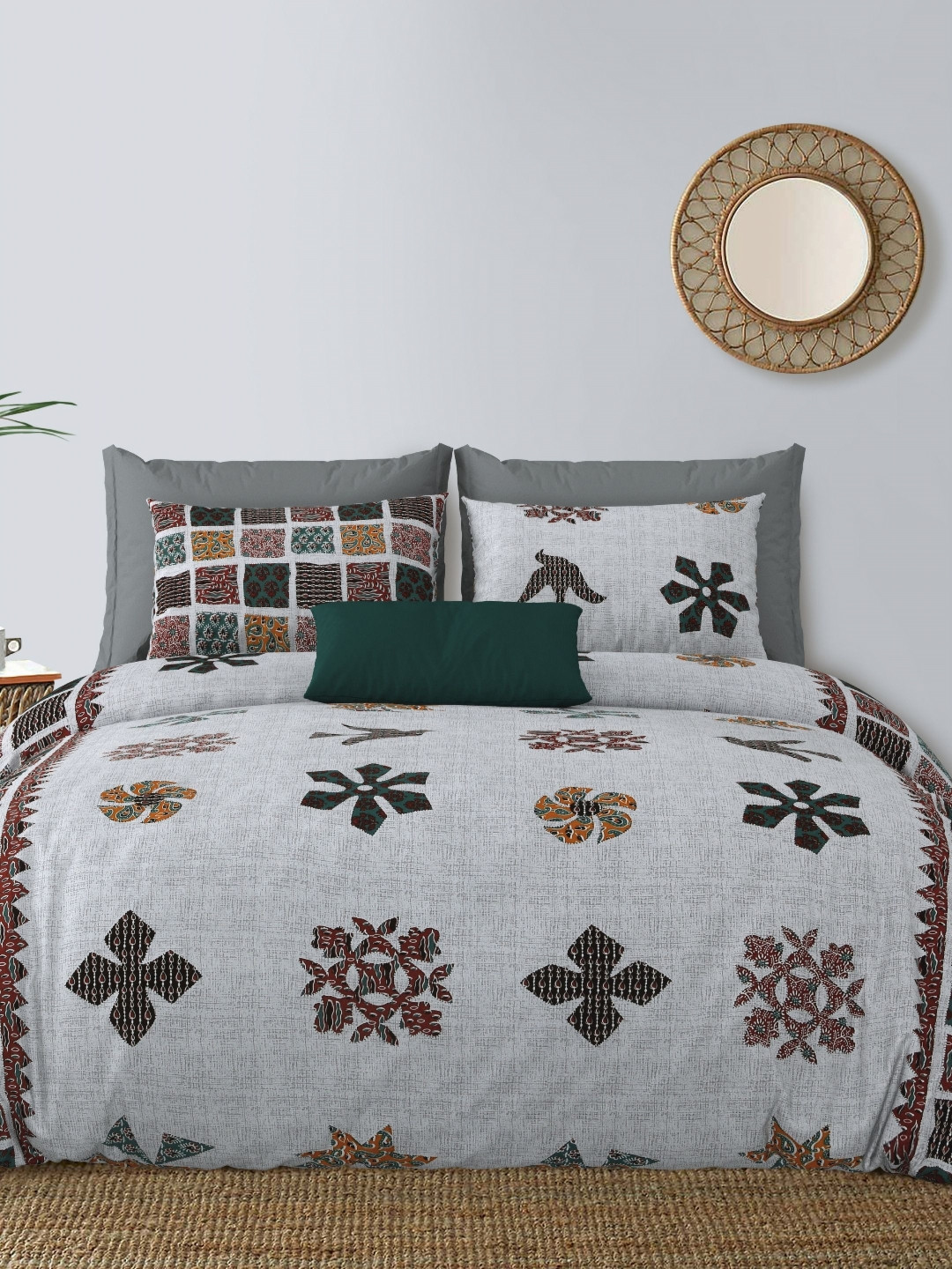 

LIVING ROOTS Double King Size Jaipur Block Print Cotton Double Bedsheet & 2 Pillow Covers, Grey