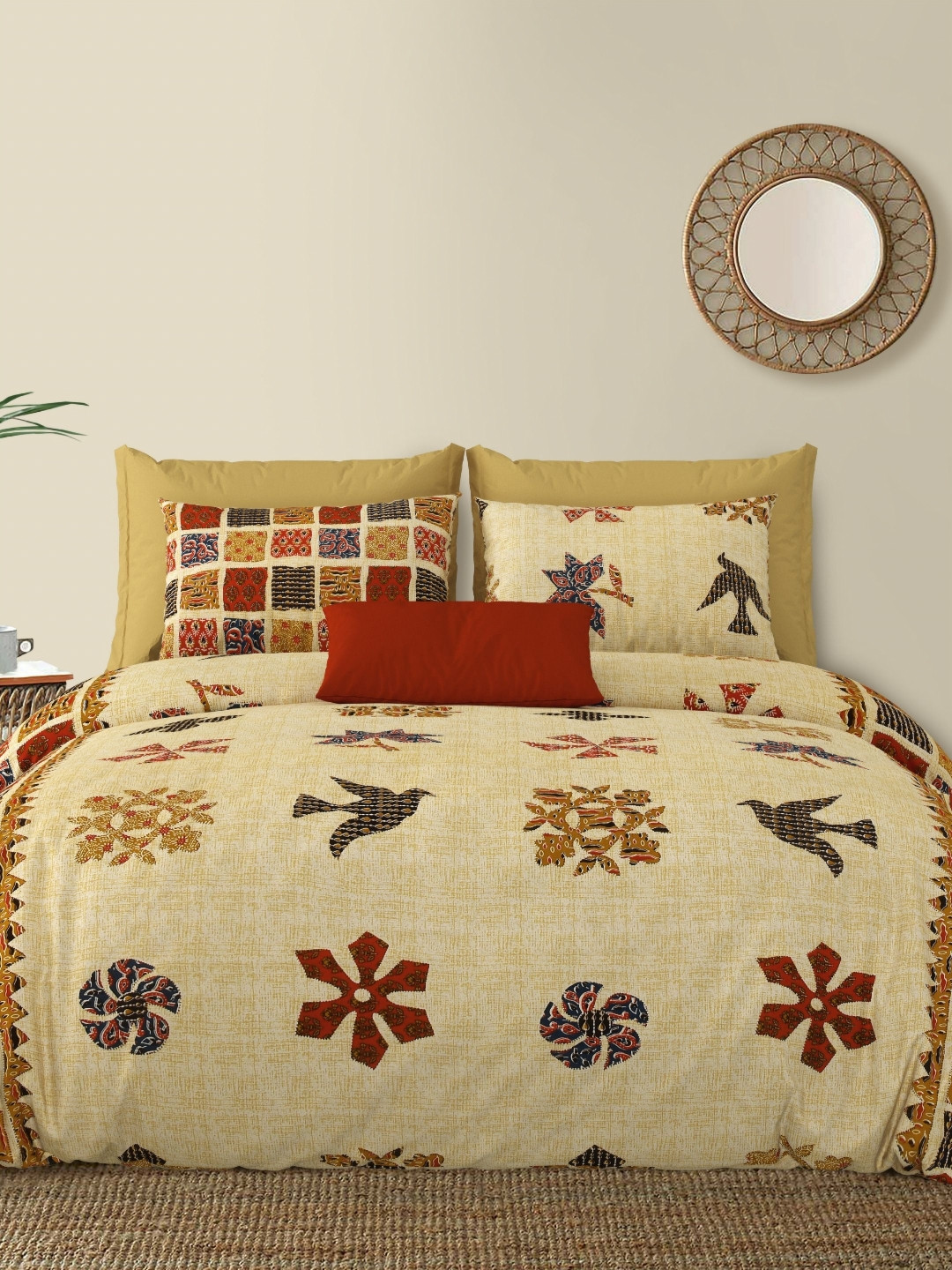 

LIVING ROOTS Double King Size Jaipur Block Print Cotton Double Bedsheet & 2 Pillow Covers, Red