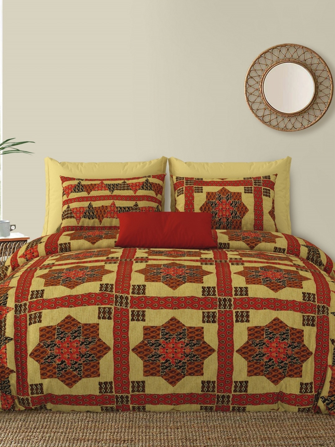 

LIVING ROOTS Double King Size Jaipur Block Print Cotton Double Bedsheet & 2 Pillow Covers, Yellow