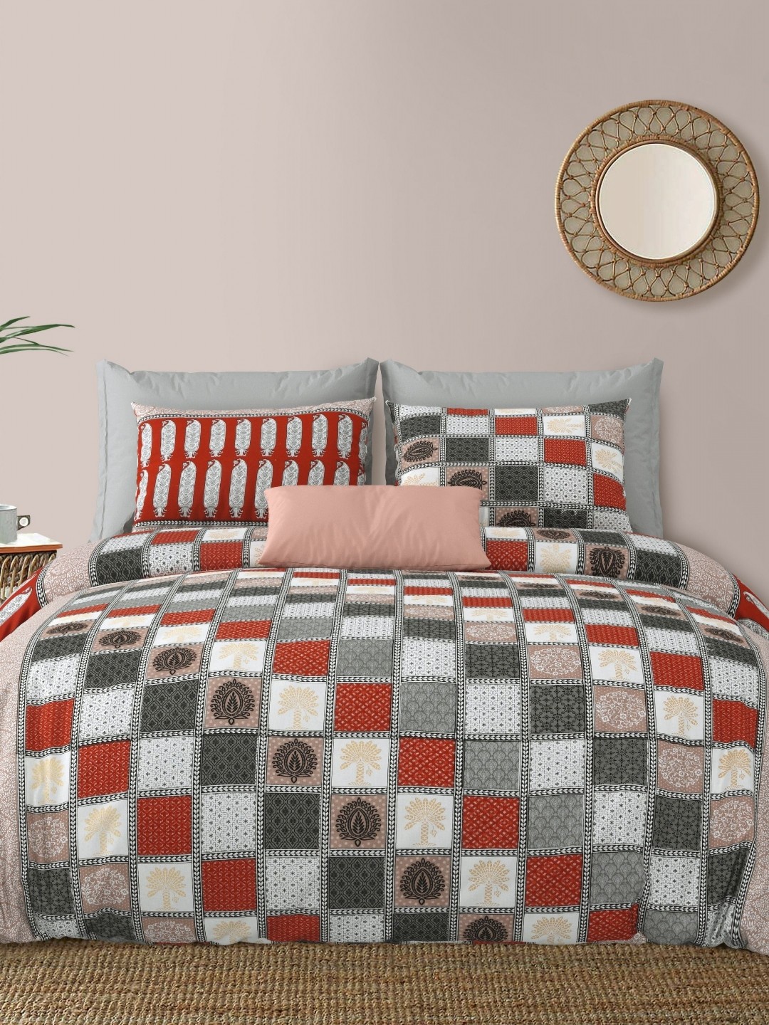 

LIVING ROOTS Double King Size Jaipur Block Print Cotton Double Bedsheet & 2 Pillow Covers, Grey