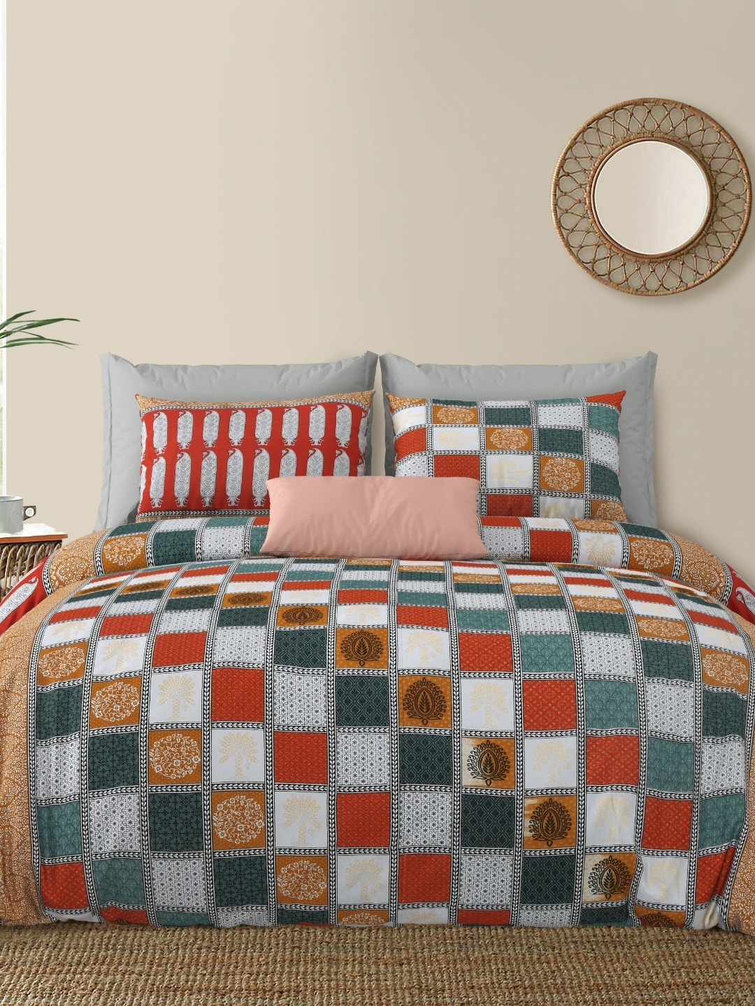 

LIVING ROOTS Double King Size Jaipur Block Print Cotton Double Bedsheet & 2 Pillow Covers, Red