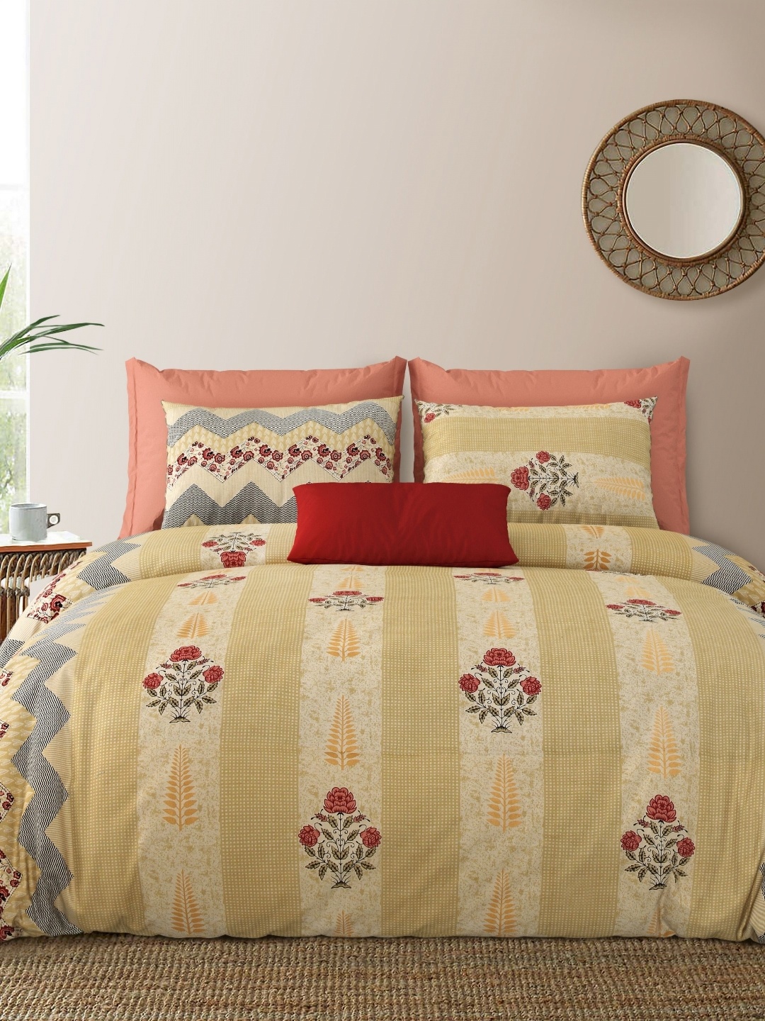 

LIVING ROOTS Double King Size Jaipur Block Print Cotton Double Bedsheet & 2 Pillow Covers, Beige