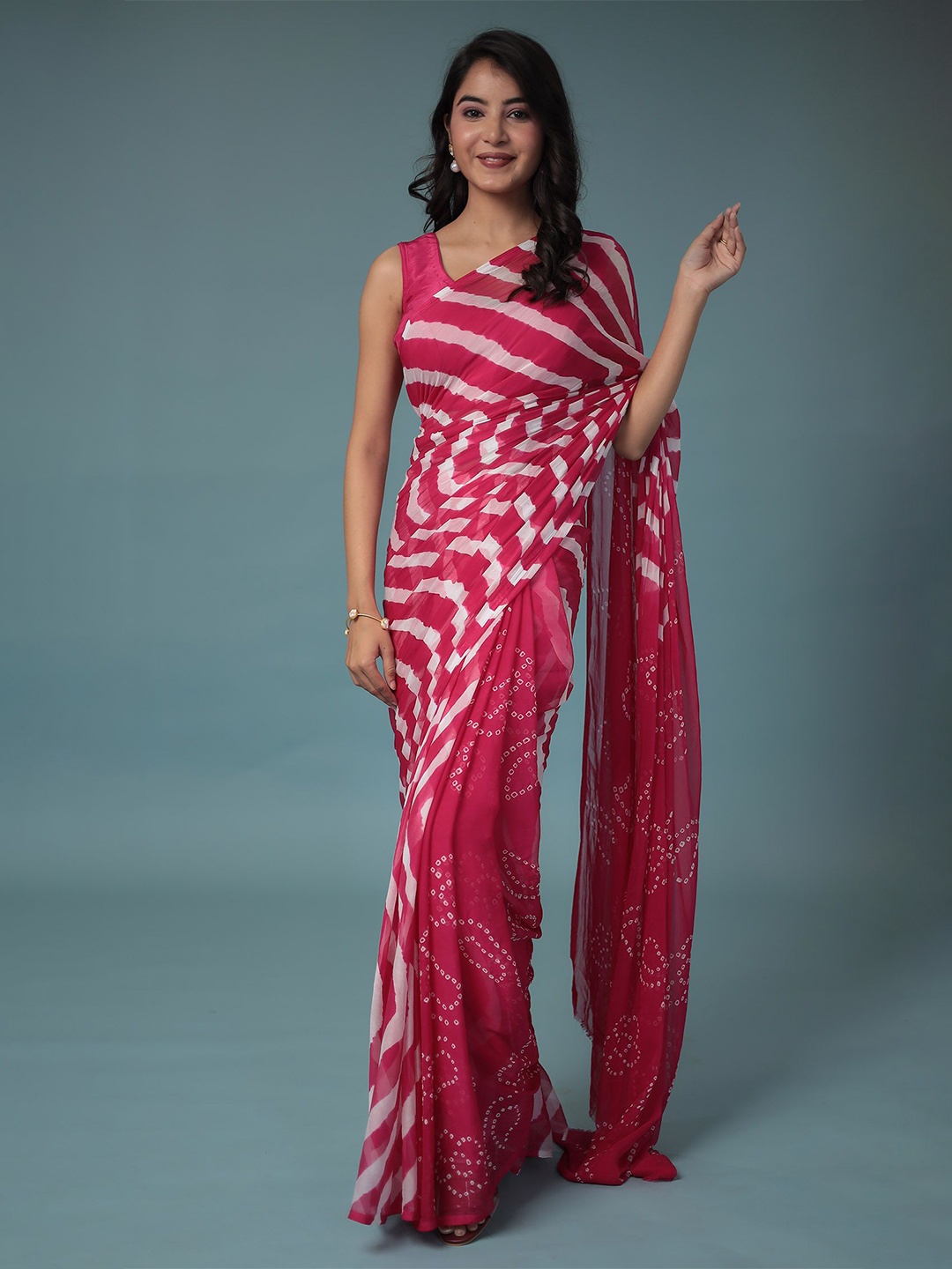 

ZARI Leheriya Half and Half Saree, Pink