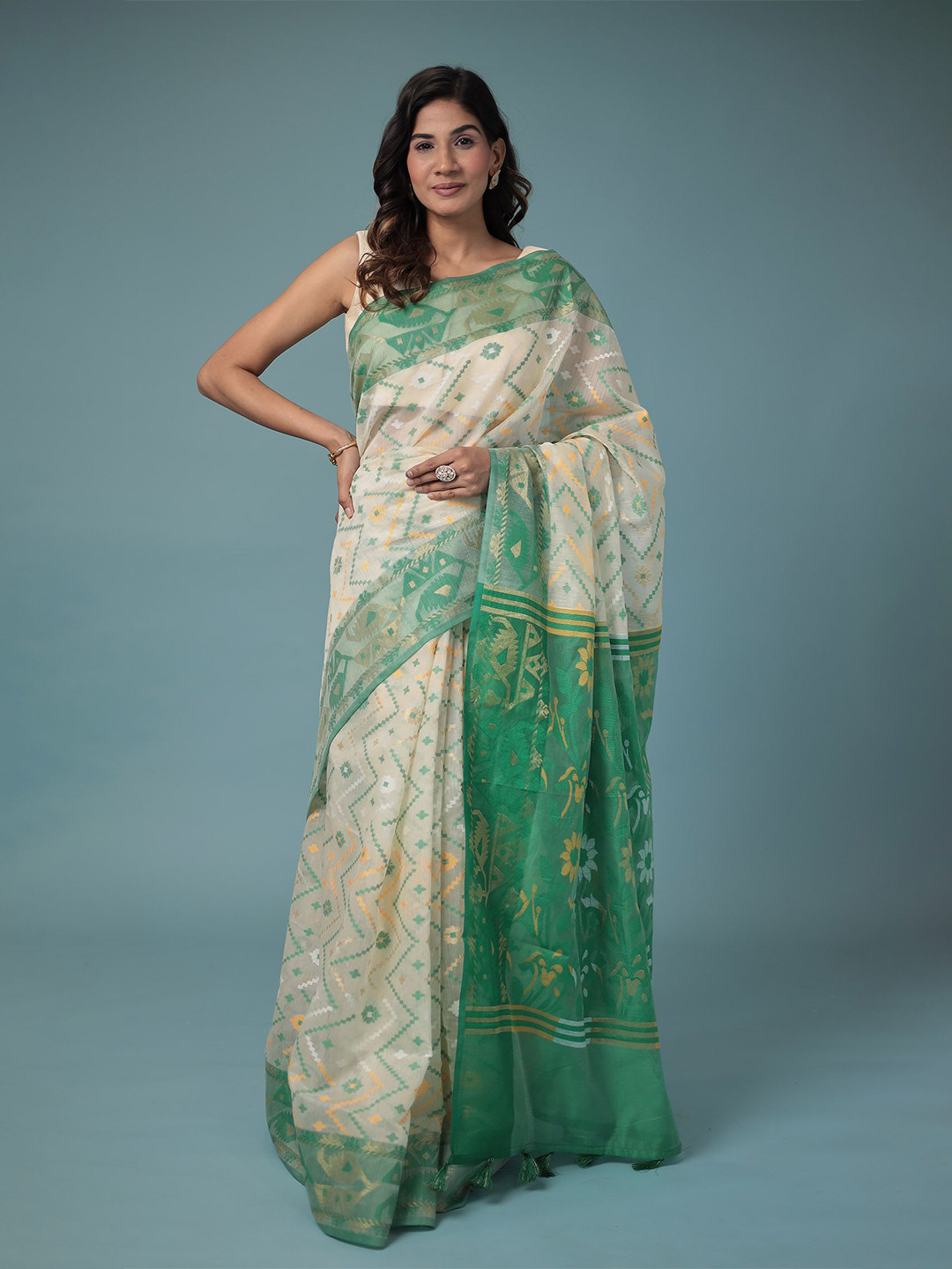 

ZARI Ethnic Motifs Zari Organza Saree, Green