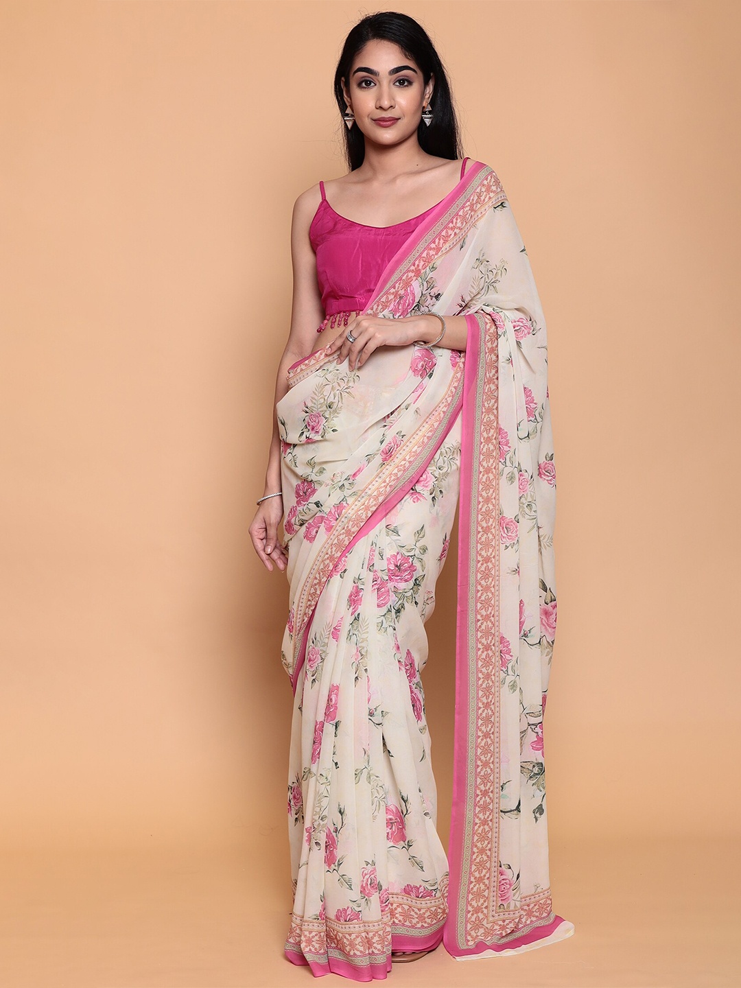 

ZARI Floral Saree With Blouse Piece, Cream