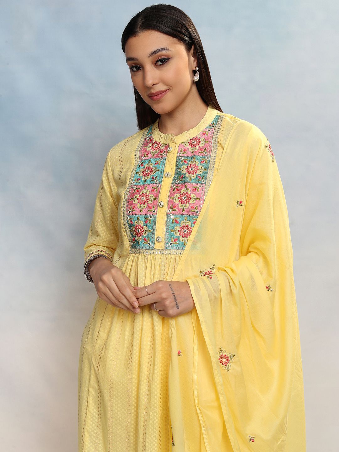 

Vishudh Women Embroidered Regular Pure Cotton Kurta with Trousers & With Dupatta, Yellow