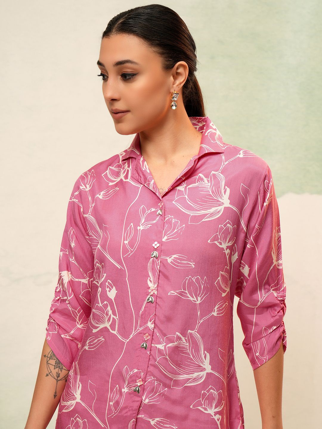 

Vishudh Floral Printed Lapel Collar Shirt Style Top, Pink