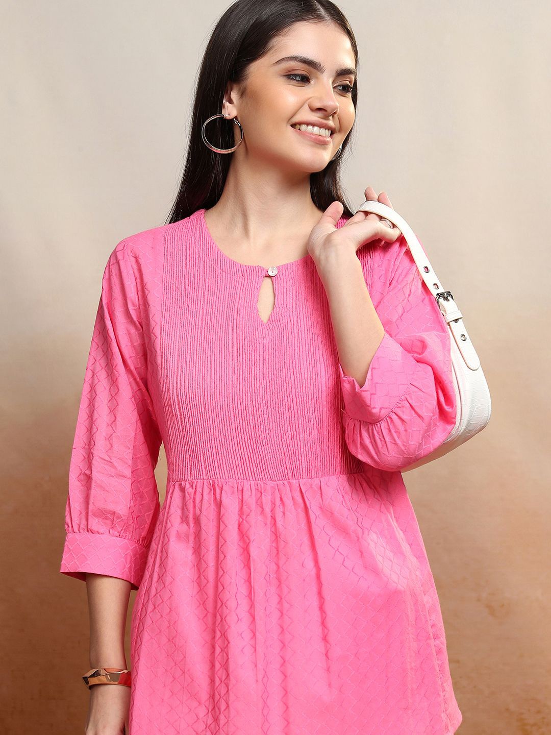 

Vishudh Gathered Geometric Printed Keyhole Neck Cotton Top, Pink