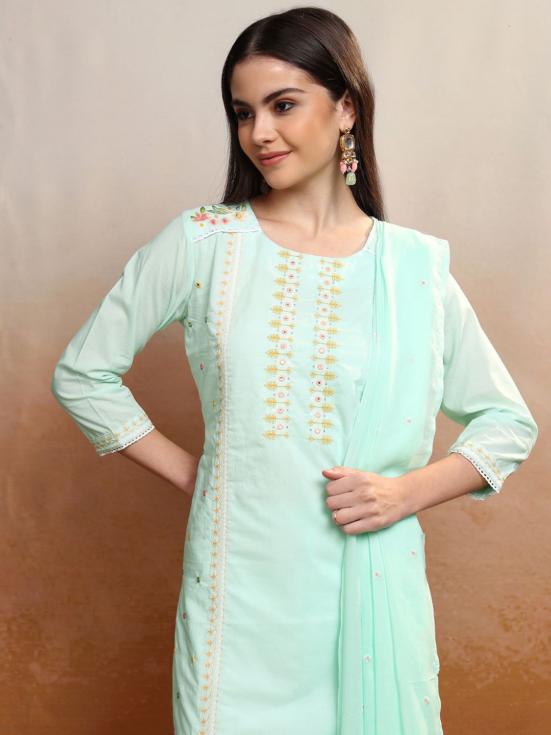 

Vishudh Women Floral Embroidered Regular Pure Cotton Kurta with Trousers & With Dupatta, Blue