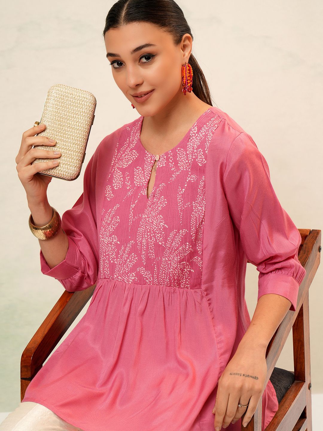 

Vishudh Gathered Tropical Printed Keyhole Neck Top, Pink
