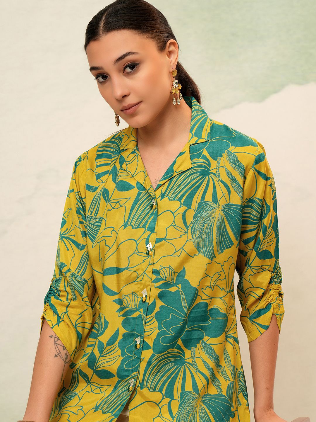 

Vishudh Tropical Printed Lapel Collar Shirt Style Top, Mustard