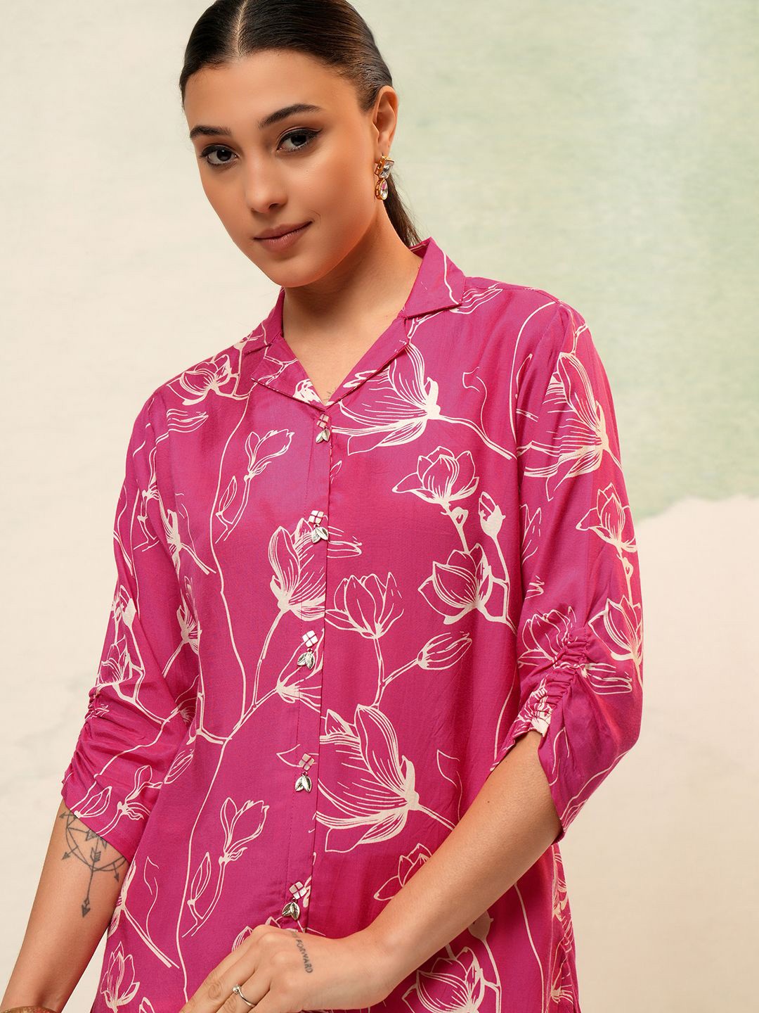 

Vishudh Floral Print Shirt Style Top, Pink