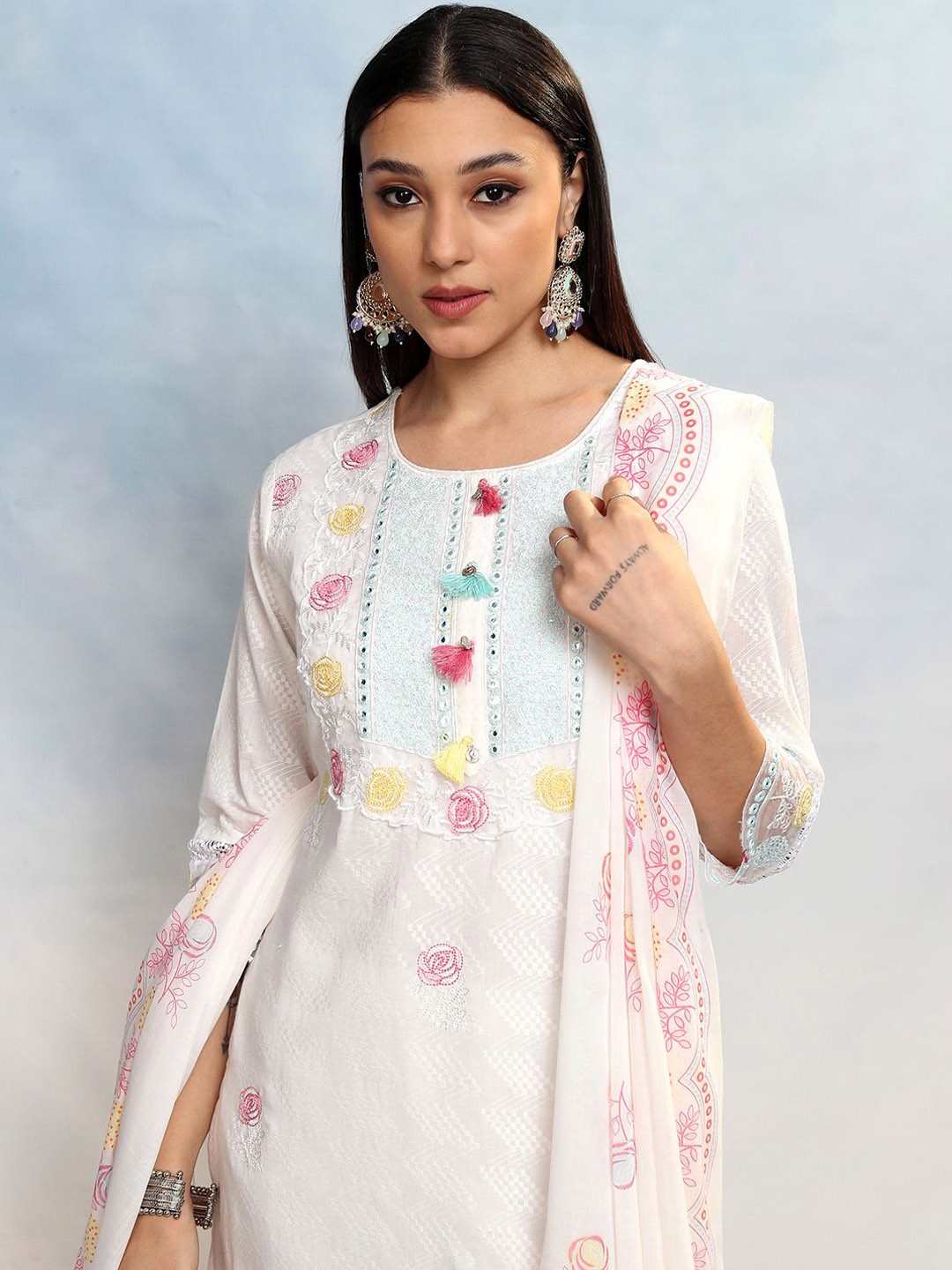 

Vishudh Women Embroidered Regular Pure Cotton Kurta with Trousers & With Dupatta, White