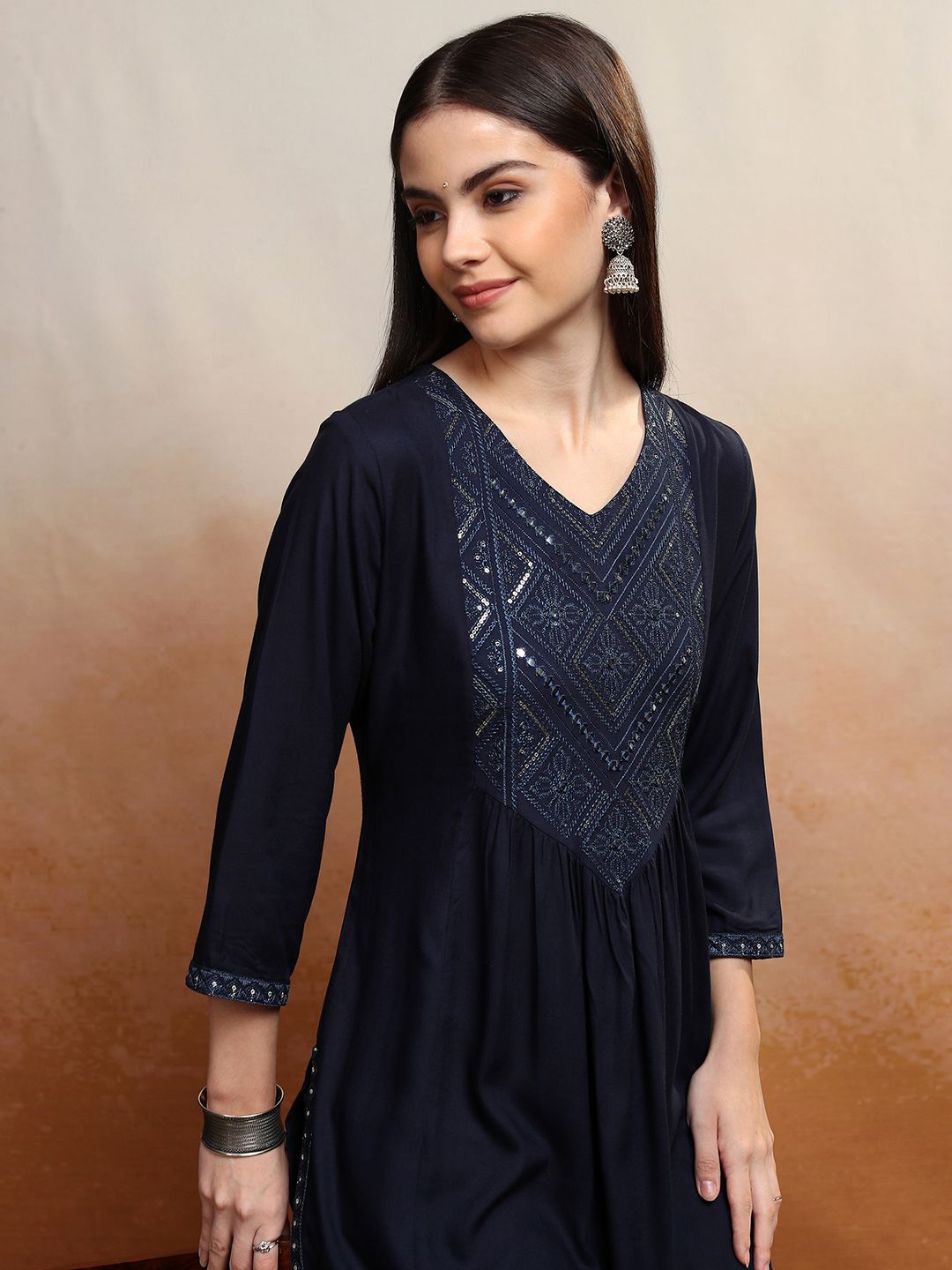 

Vishudh Women Embroidered Mirror Work A-Line Kurta, Navy blue