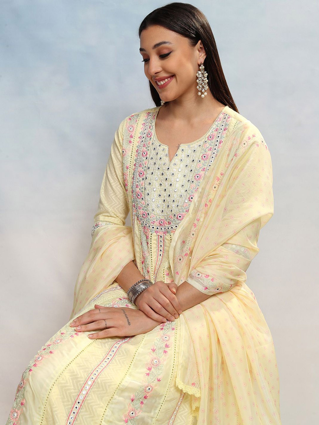 

Vishudh Women Embroidered Regular Pure Cotton Kurta with Trousers & With Dupatta, Yellow