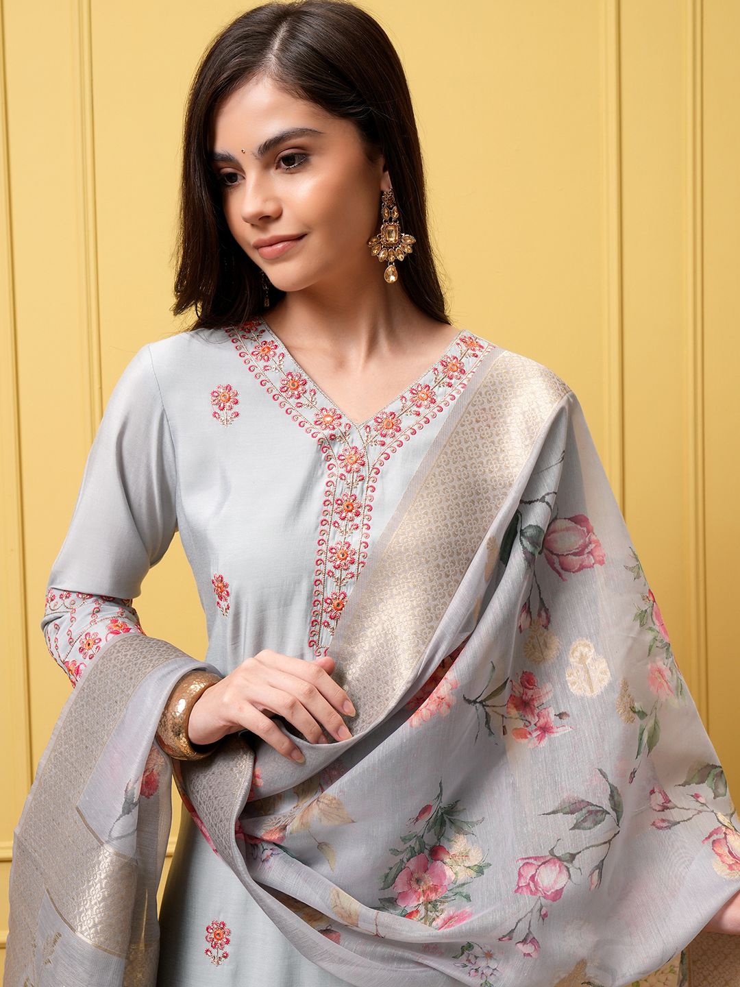 

Vishudh Women Embroidered Regular Kurta with Trousers & With Dupatta, Grey