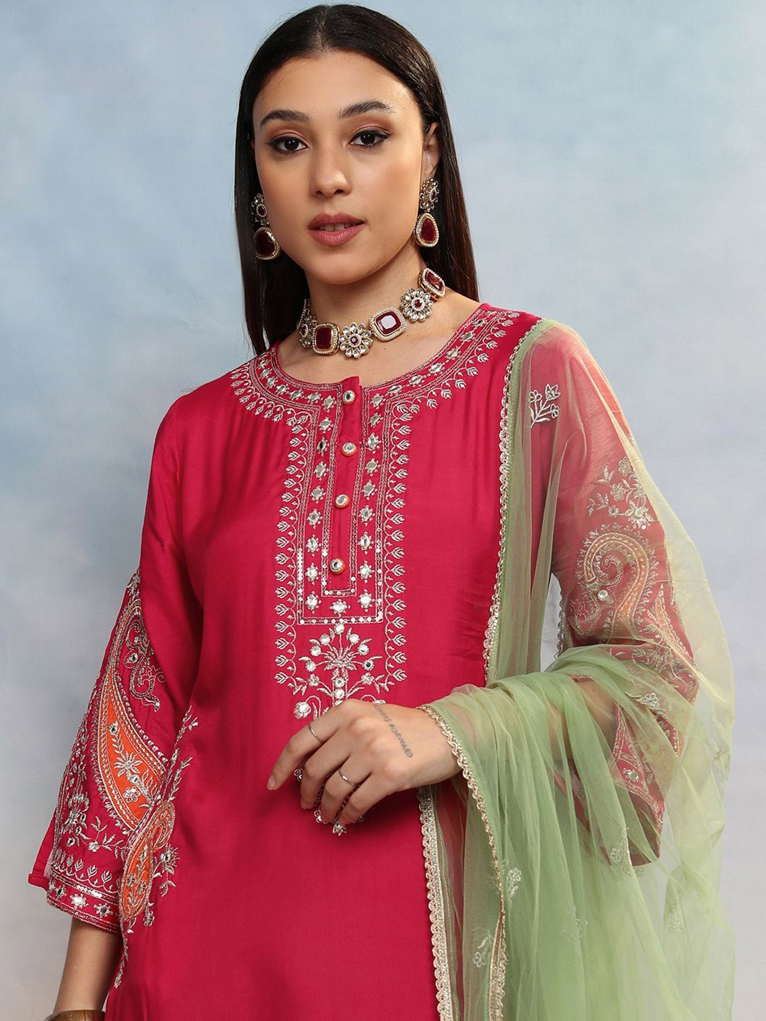 

Vishudh Women Floral Embroidered Regular Mirror Work Kurta with Trousers & With Dupatta, Pink