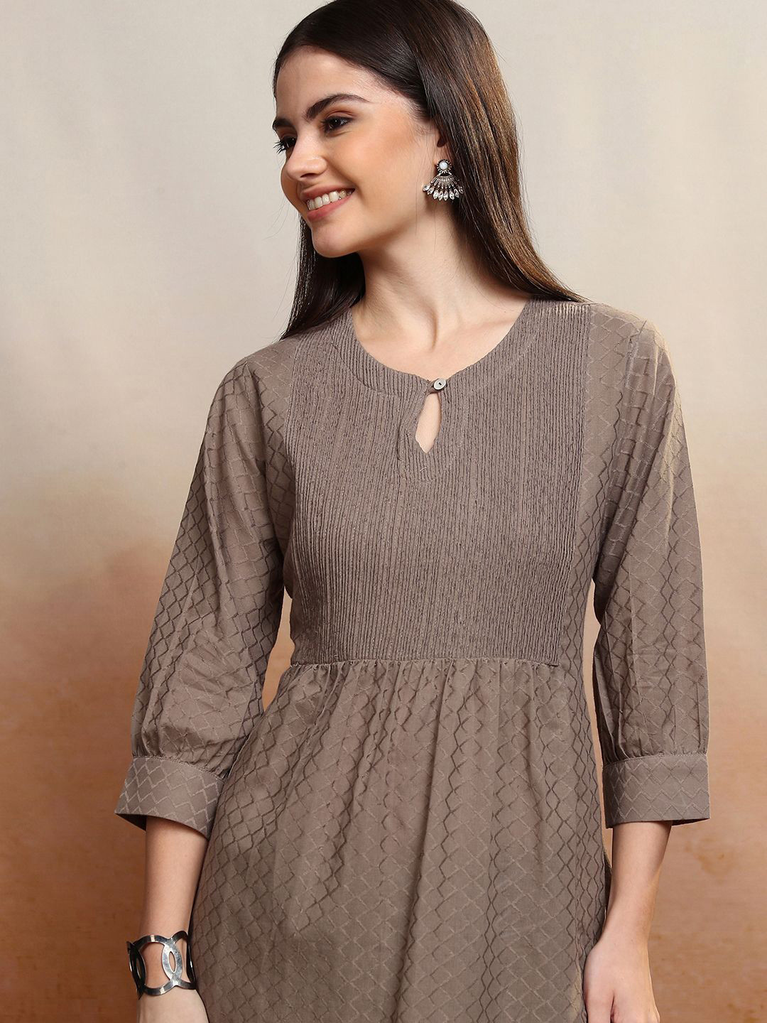 

Vishudh Gathered Geometric Printed Keyhole Neck Cotton Peplum Top, Brown