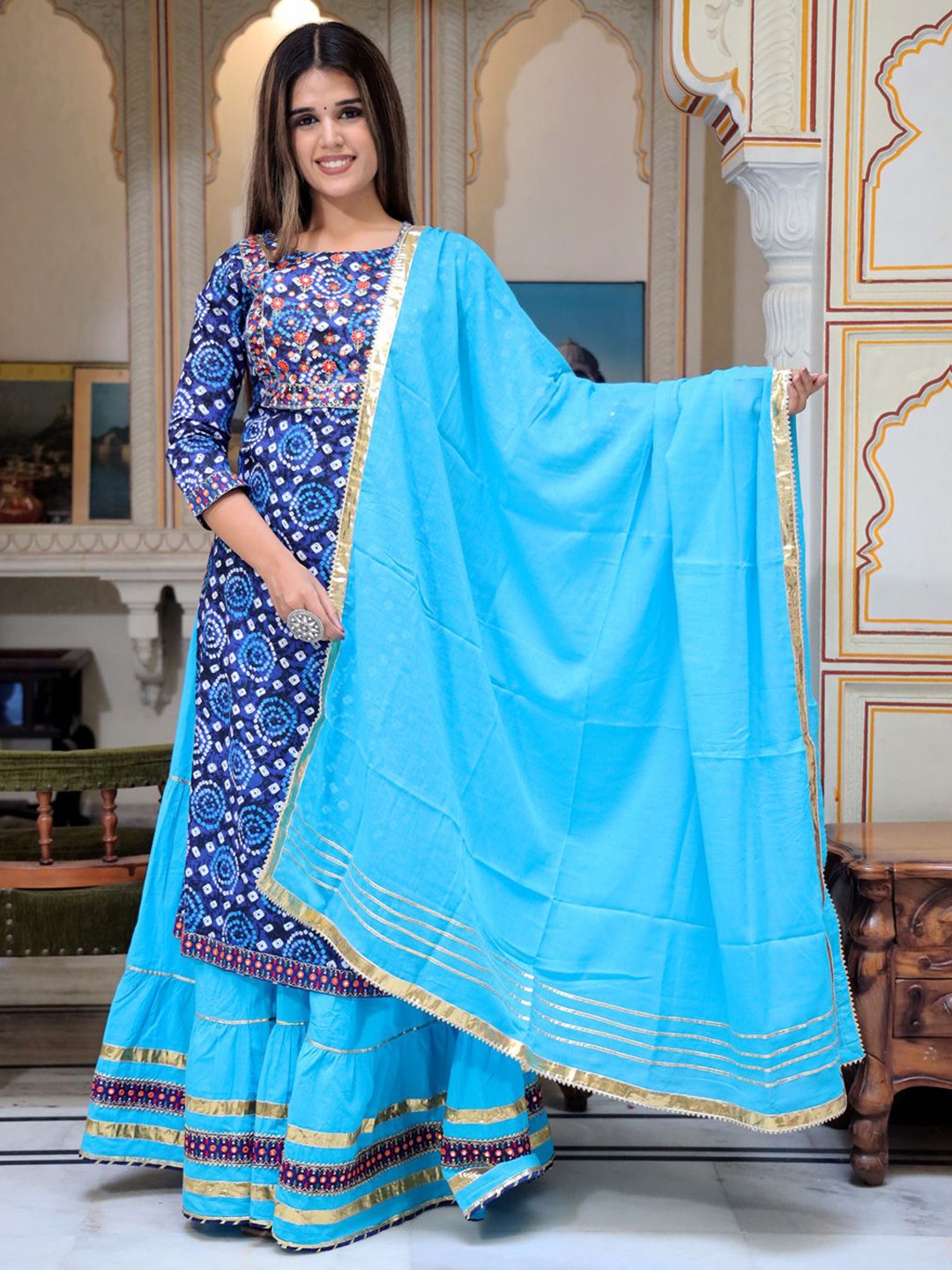 

ELVISH JAIPUR Women Ethnic Motifs Embroidered Kurta with Skirt & Dupatta, Turquoise blue