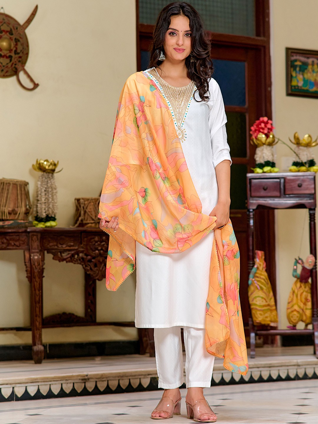 

Anouk Women Yoke Design Regular Thread Work Kurta with Trousers & With Dupatta, Yellow