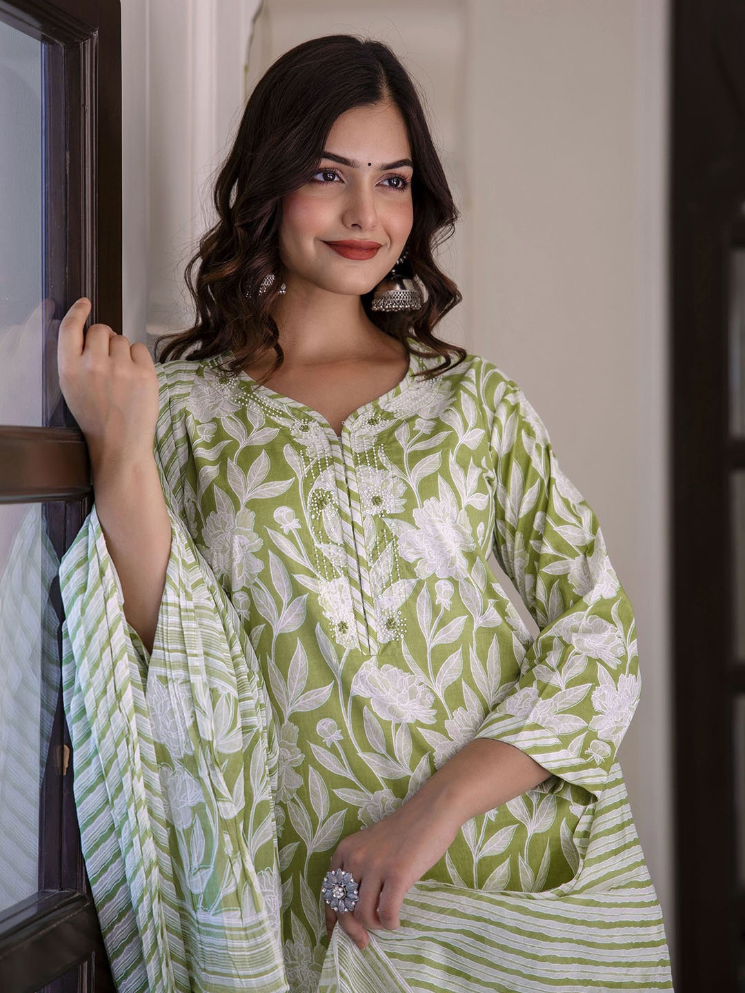

Anouk Women Floral Yoke Design Aari Work Pure Cotton Kurta with Pyjamas & With Dupatta, Green