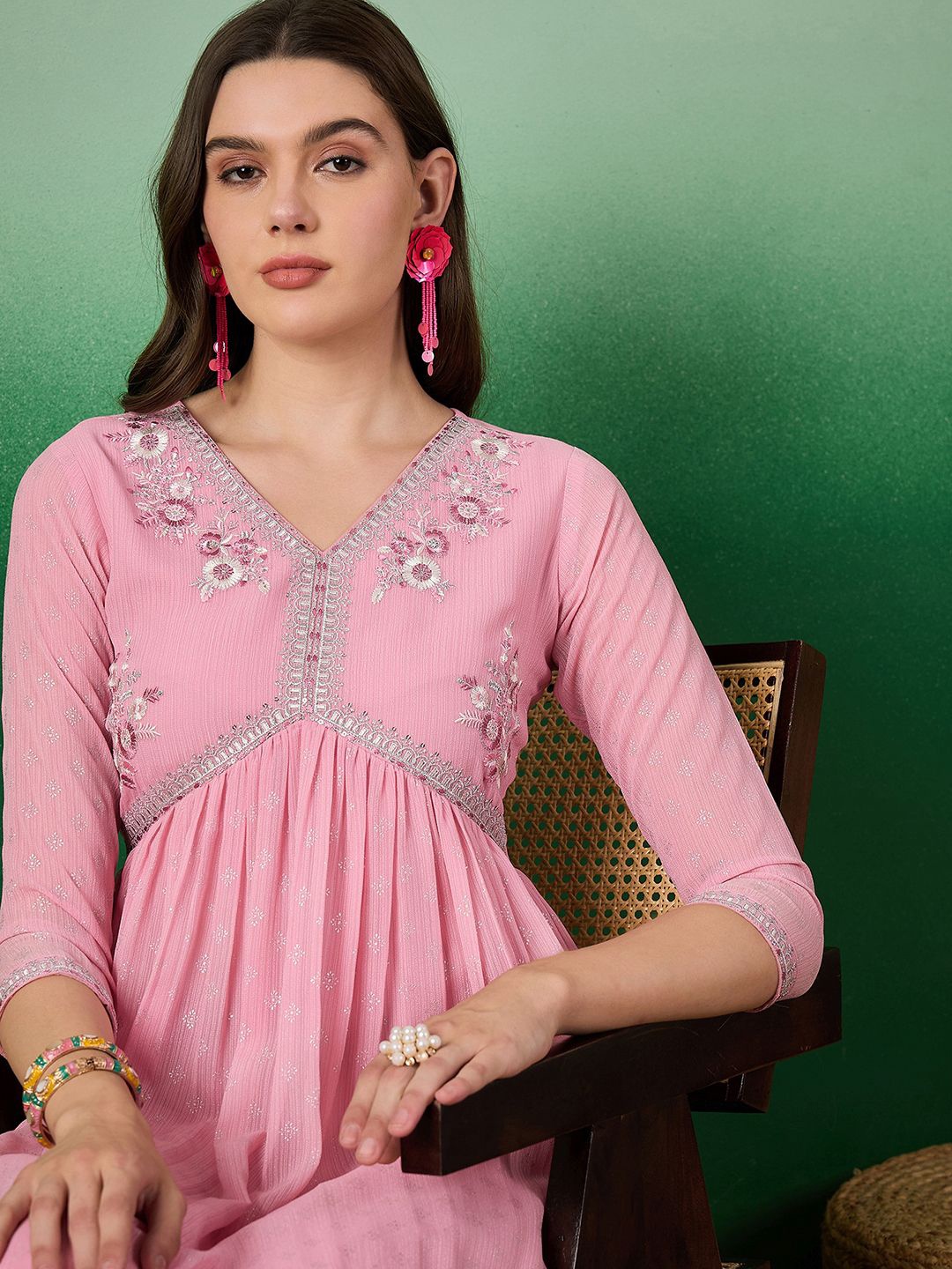 

Sangria Women Printed & Embroidered A-Line Kurta With Palazzo Set, Pink