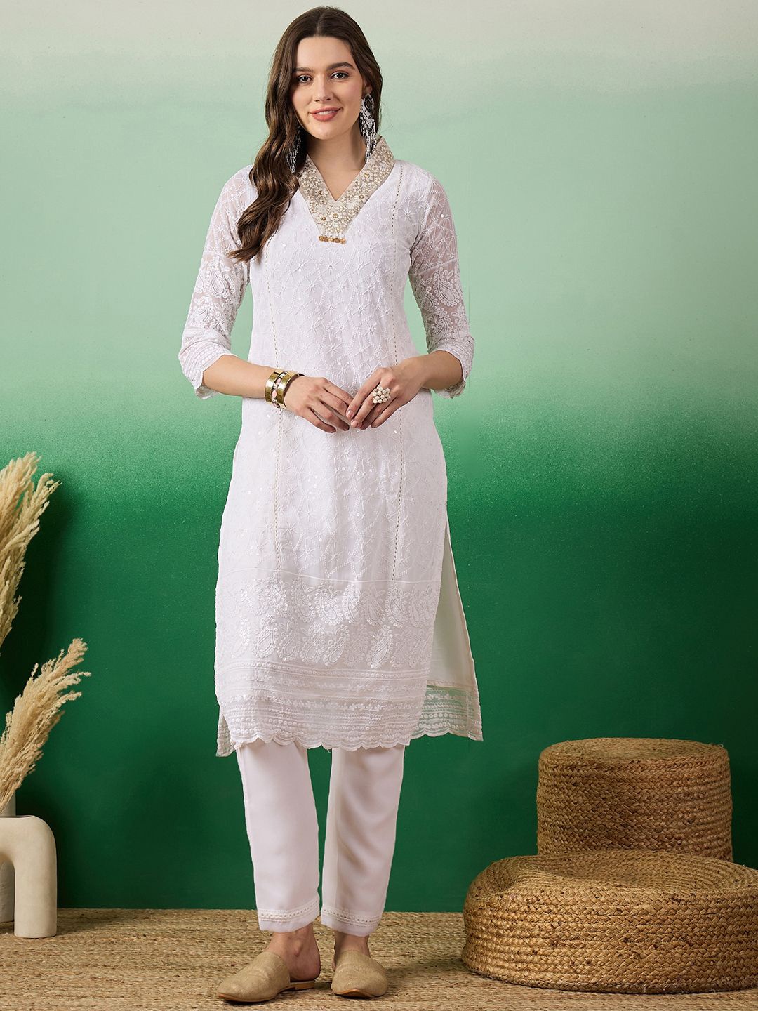 

Sangria Women Embroidered Straight Kurta With Trouser Set, White