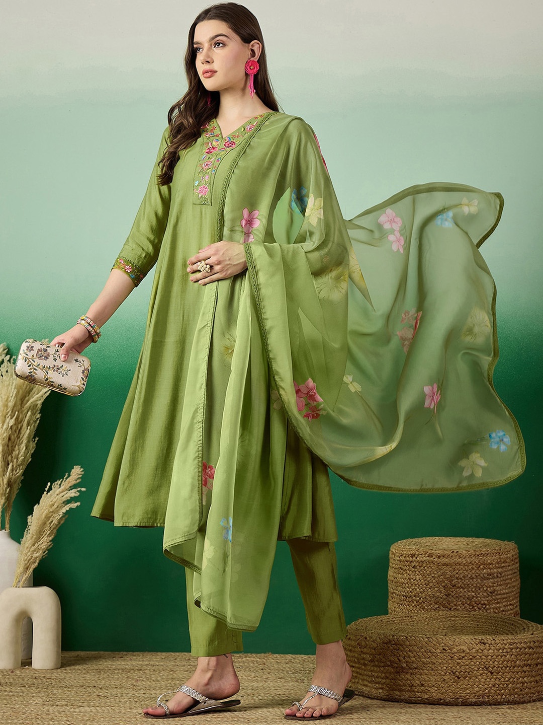 

Sangria Women Yoke-Designed A-Line Kurta With Trouser & Dupatta Set, Green