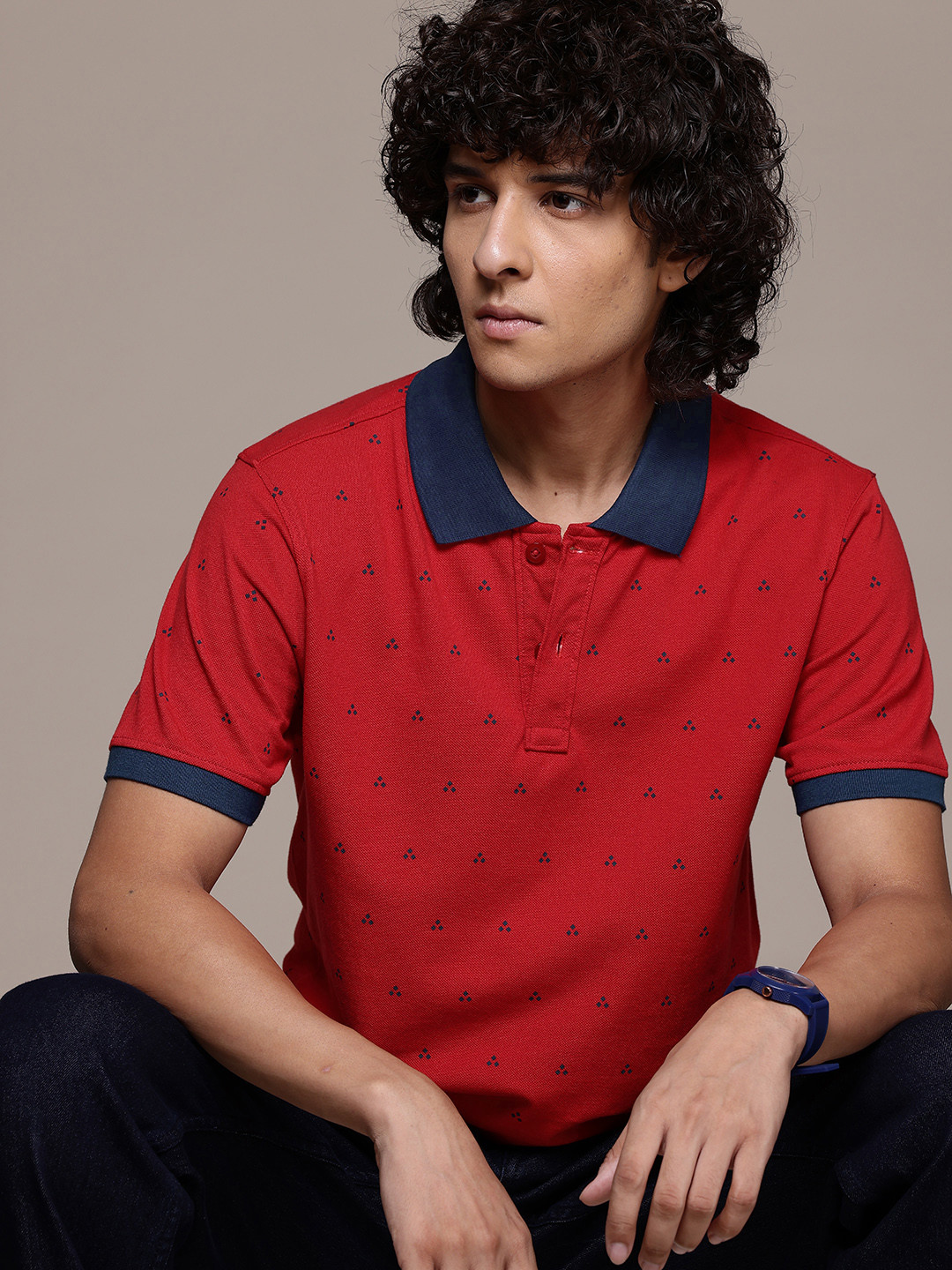 

Roadster Men Printed Polo Collar Pure Cotton T-shirt, Red