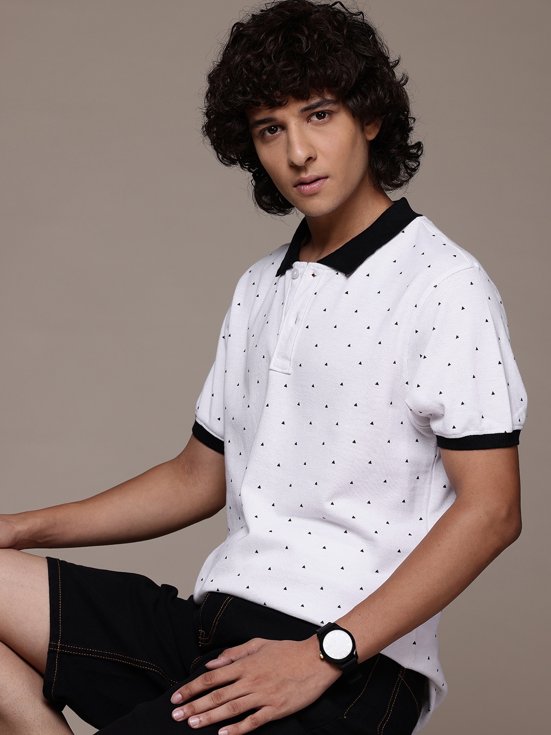 

Roadster Men Printed Polo Collar Pure Cotton T-shirt, White