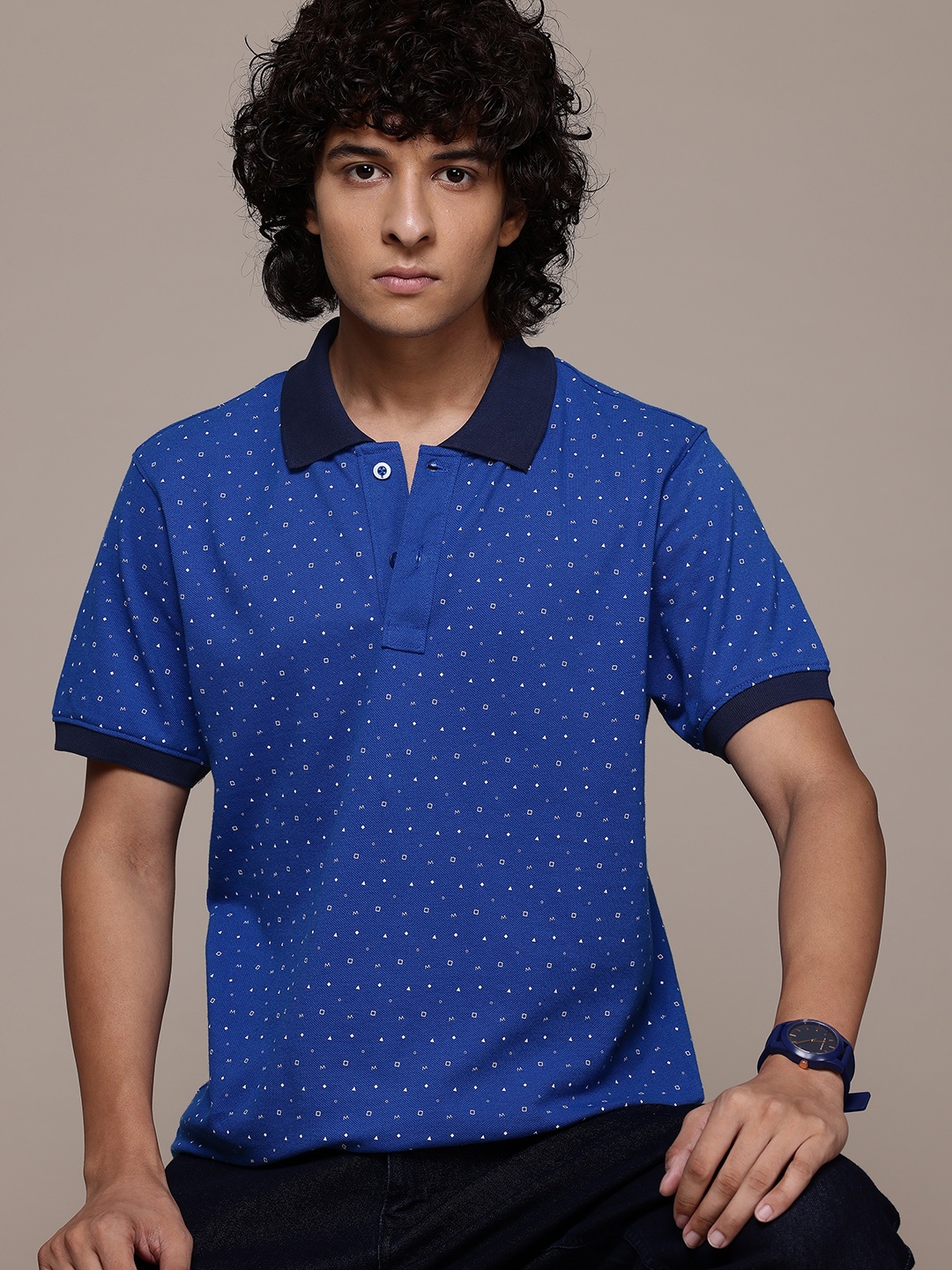 

Roadster Men Printed Polo Collar Pure Cotton T-shirt, Blue