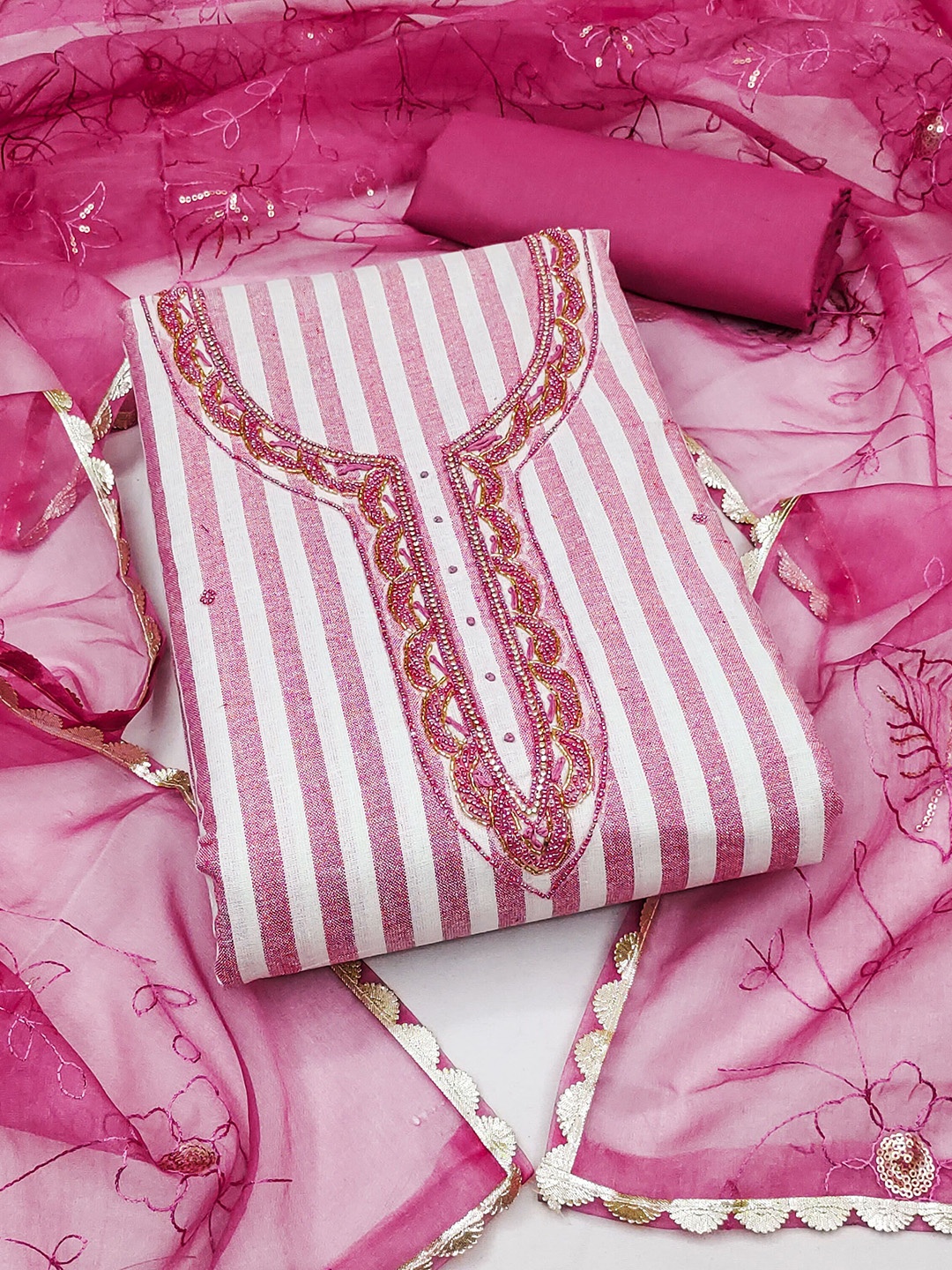 

KIMISHA Striped Embellished Beads and Stones Unstitched Dress Material, Pink