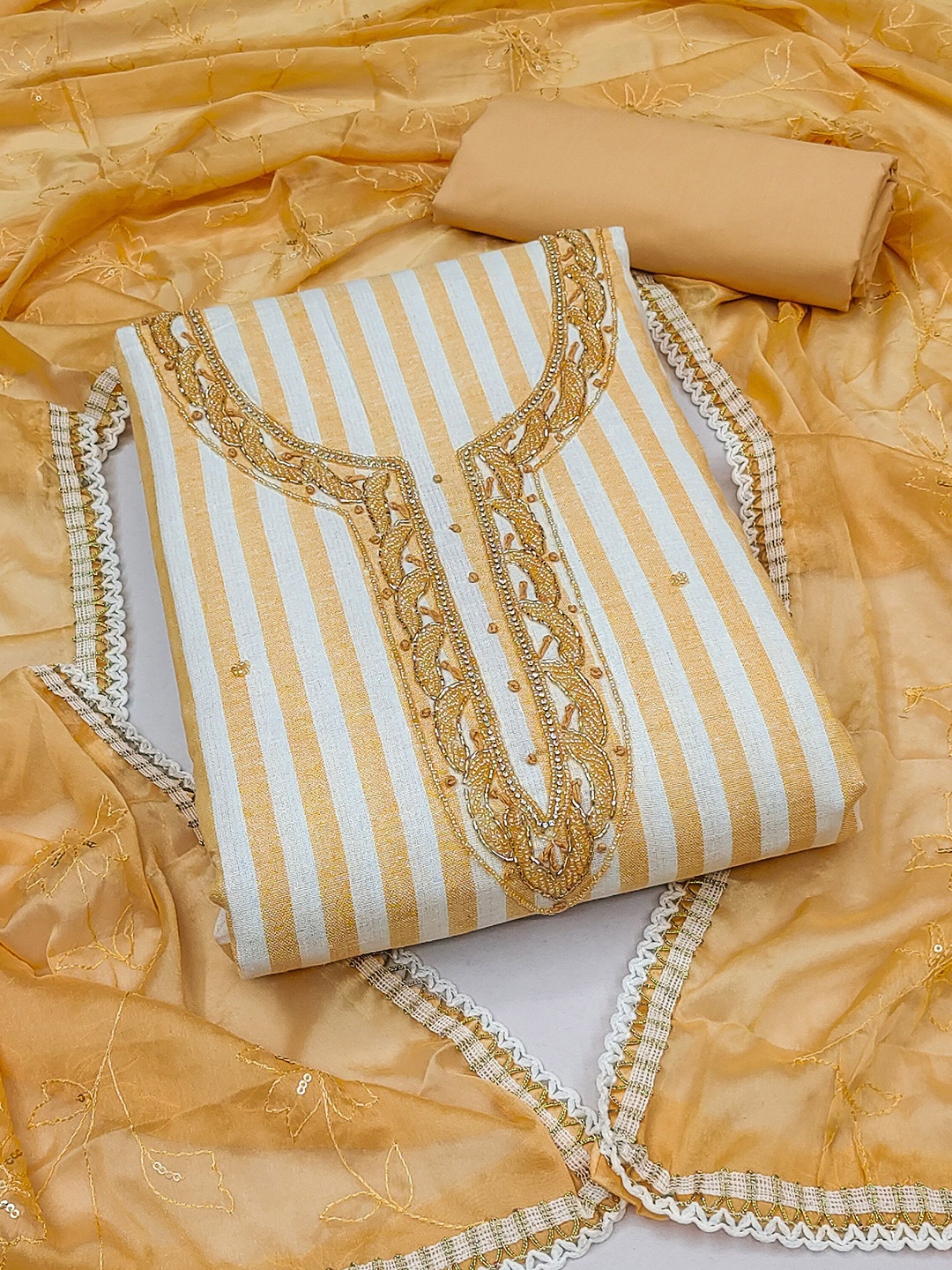 

KIMISHA Striped Embellished Beads and Stones Unstitched Dress Material, Yellow