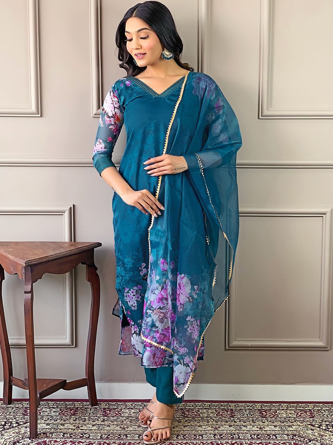 

KALINI Women Floral Printed Kurta with Trousers & With Dupatta, Turquoise blue