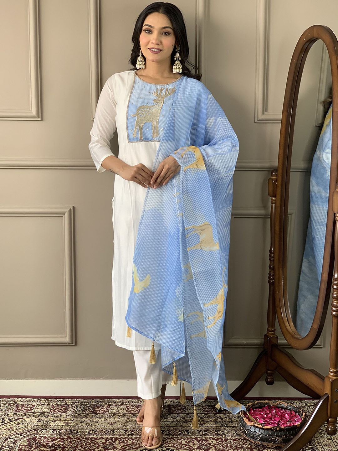 

KALINI Women Ethnic Motifs Embroidered Regular Thread Work Kurta with Trousers & Dupatta, White