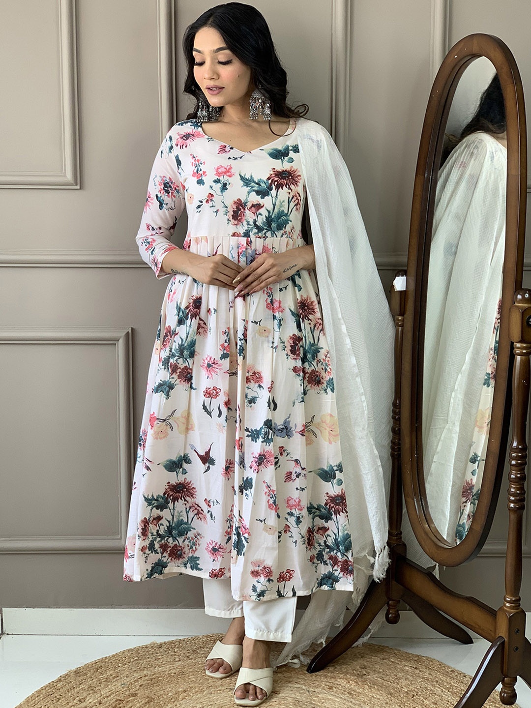 

KALINI Women Floral Printed Anarkali Kurta with Trousers & With Dupatta, Off white
