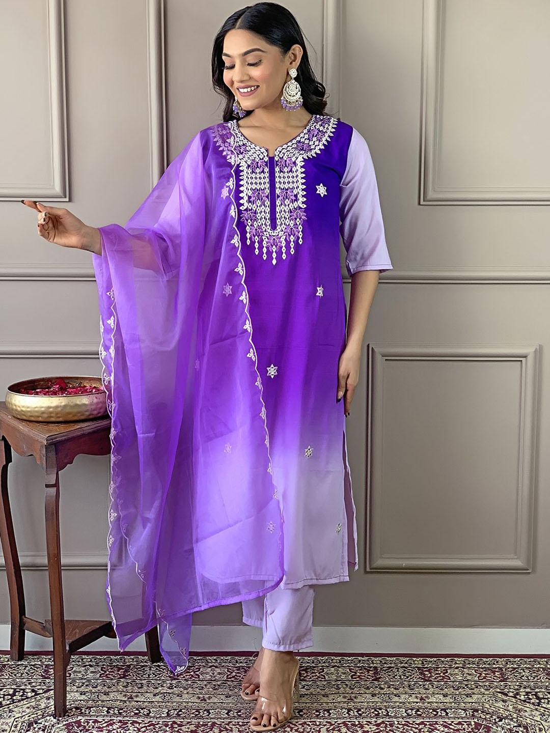 

KALINI Women Floral Embroidered Mirror Work Kurta with Trousers & With Dupatta, Violet