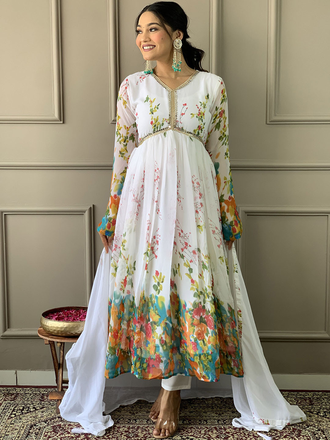 

KALINI Women Floral Printed Anarkali Kurta with Trousers & With Dupatta, White