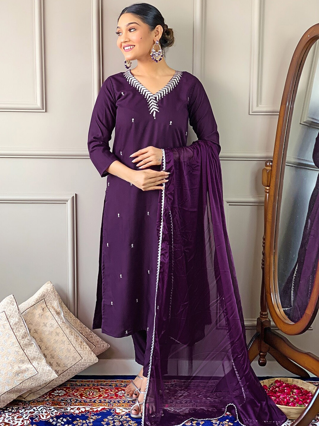 

KALINI Women Embroidered Kurta with Trousers & With Dupatta, Purple