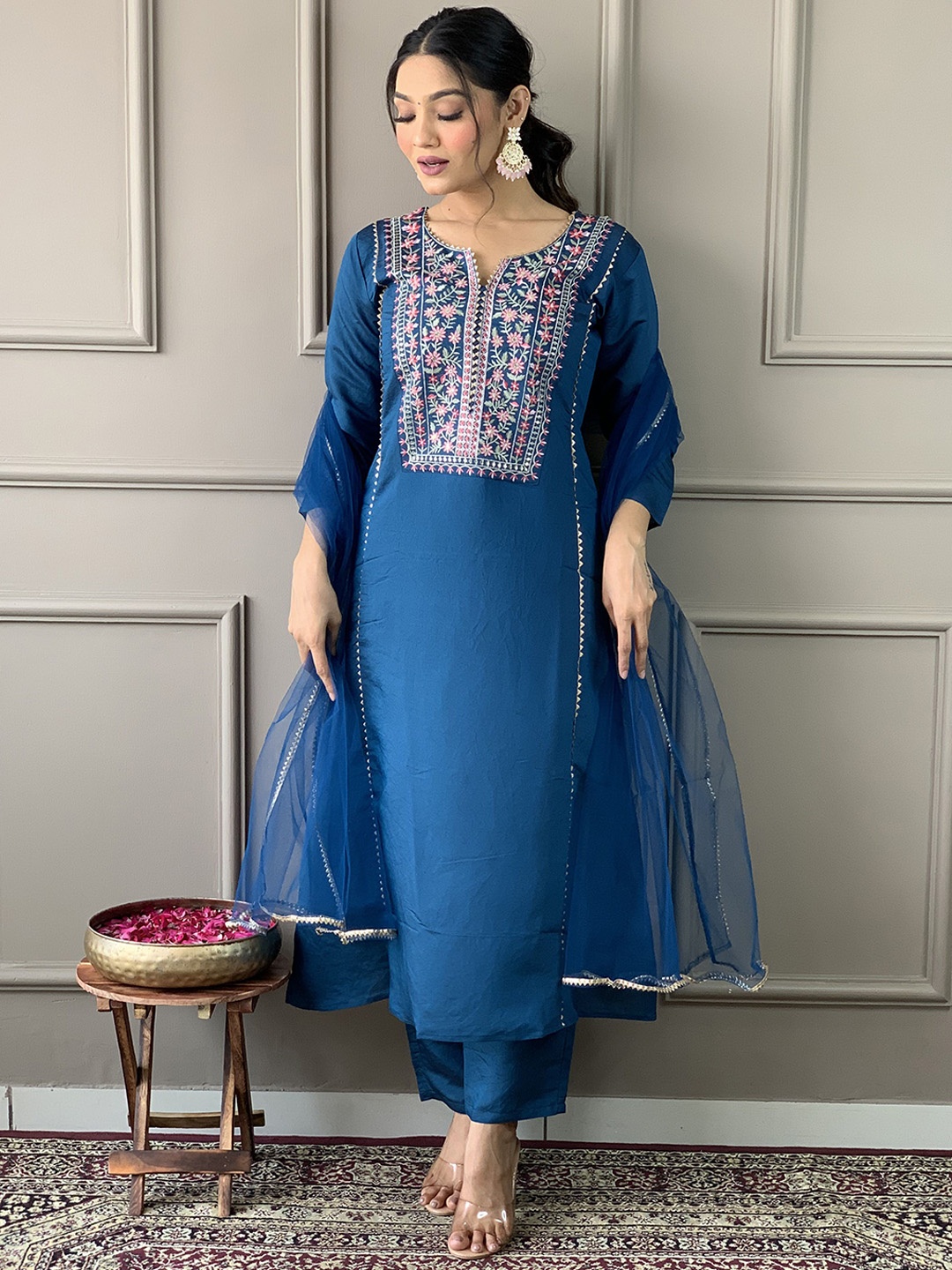 

KALINI Women Floral Embroidered Regular Thread Work Kurta with Trousers & Dupatta, Turquoise blue