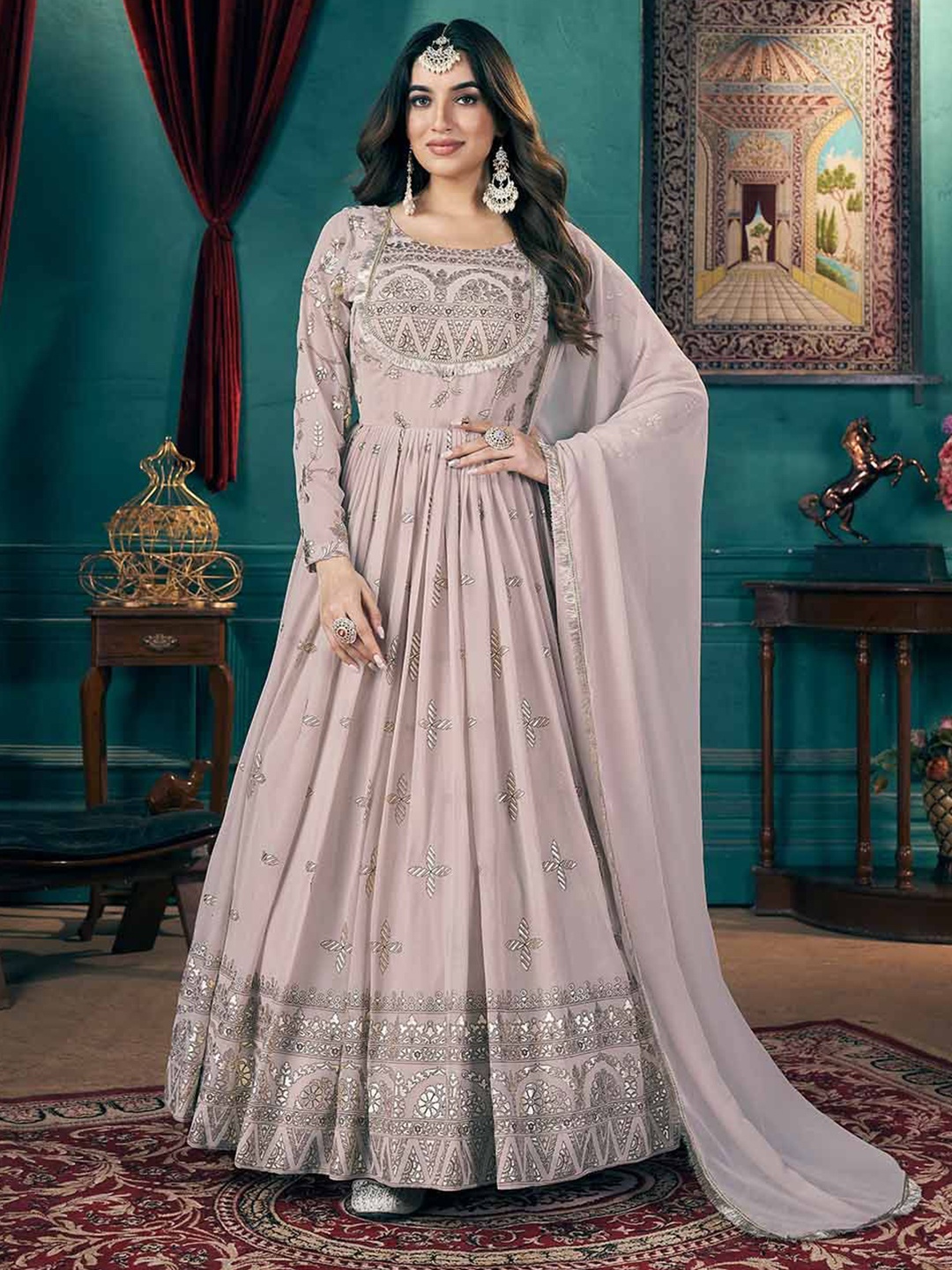 

KALINI Mettlic Foil Work Georgette Maxi Ethnic Dresses, Cream