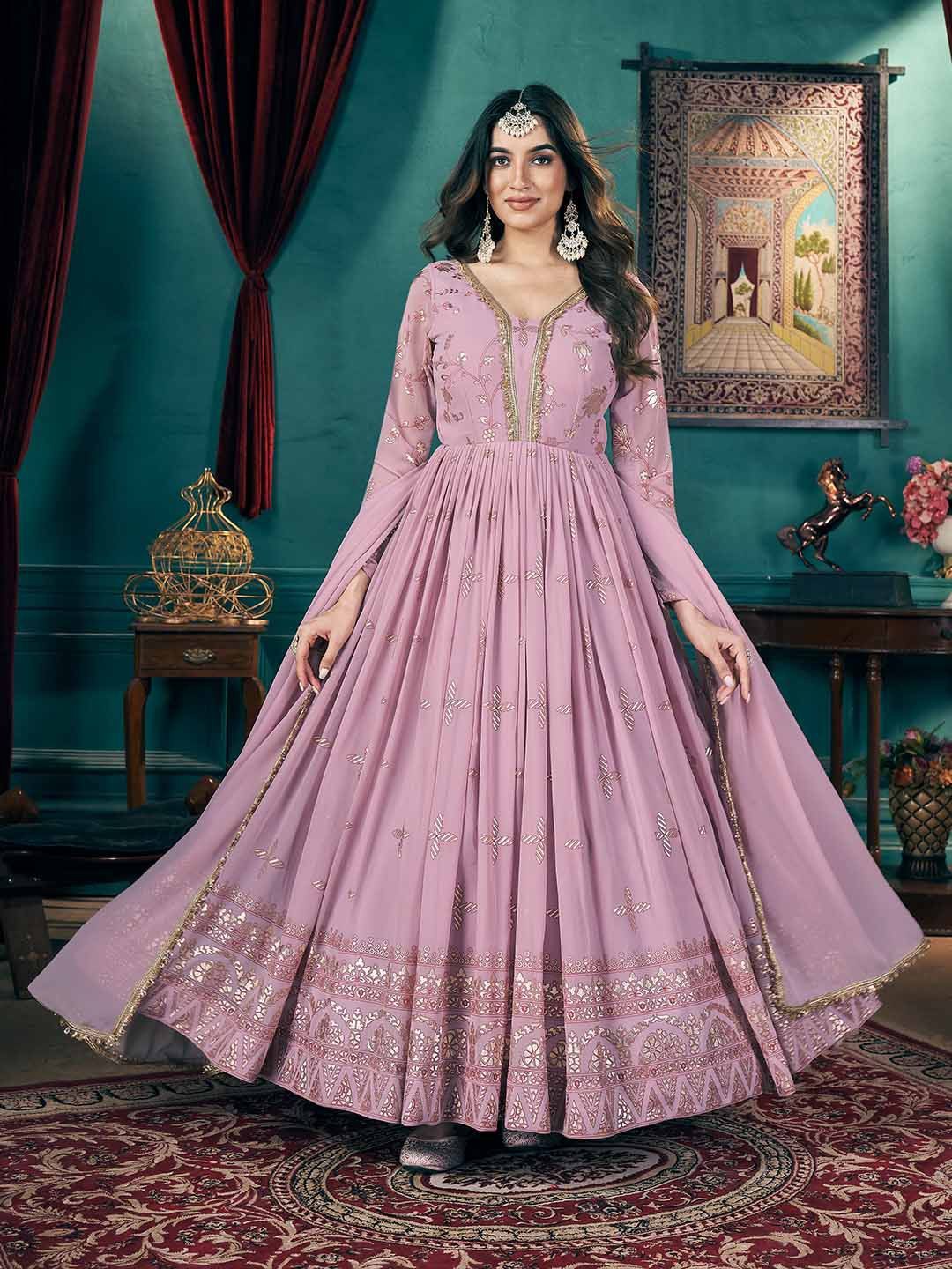 

KALINI Mettlic Foil Work Georgette Maxi Ethnic Dresses, Pink