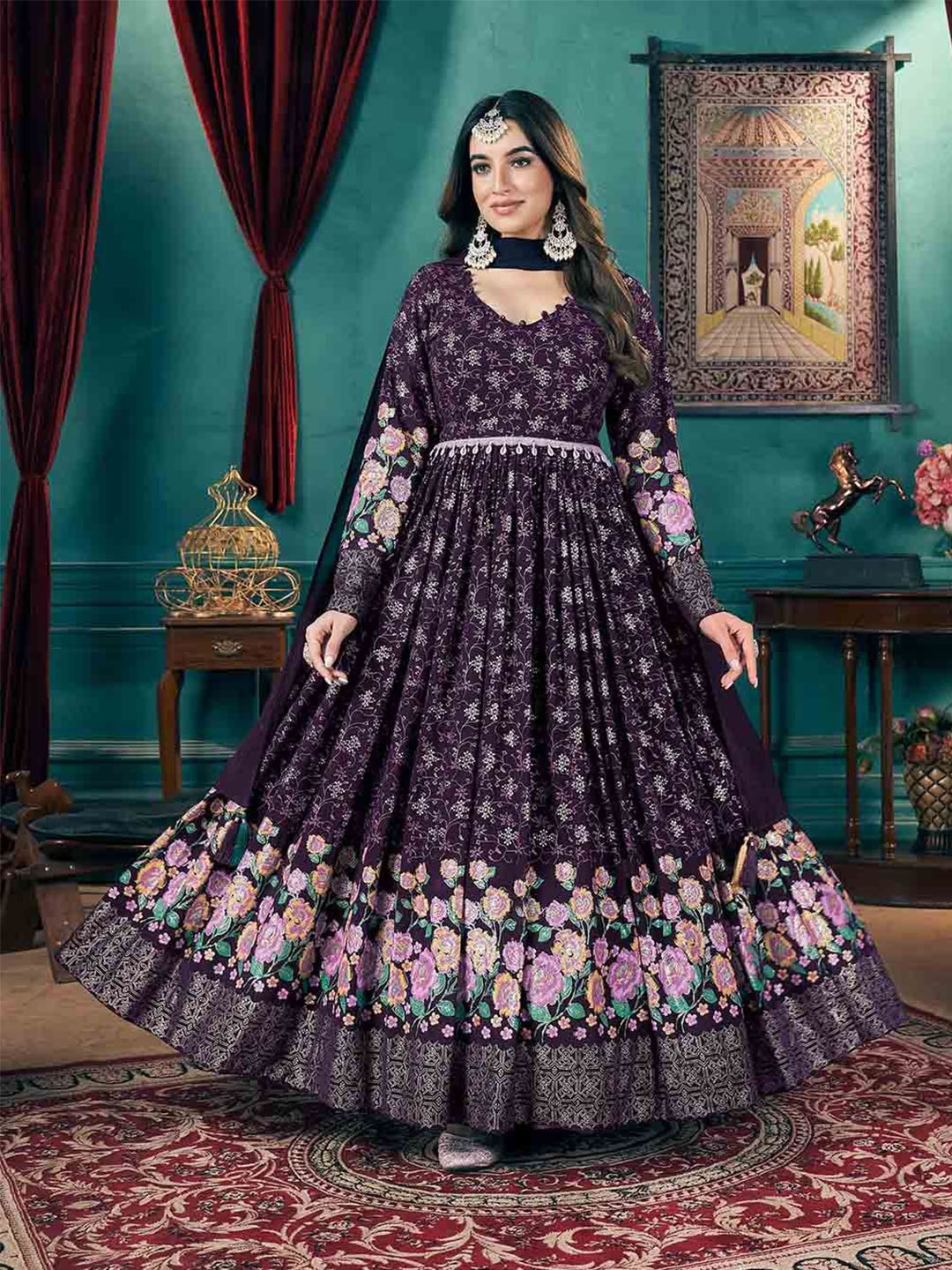 

KALINI Mettlic Foil Work Georgette Fit & Flare Ethnic Dresses, Purple