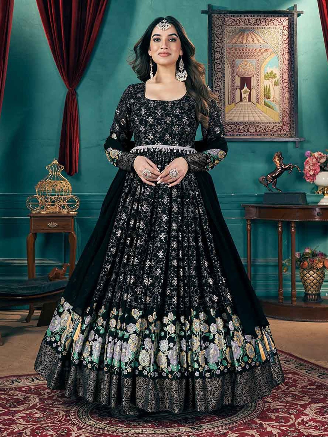 

KALINI Mettlic Foil Work Georgette Fit & Flare Ethnic Dresses, Black