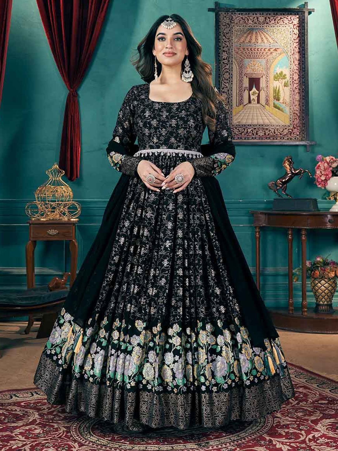 

KALINI Mettlic Foil Work Georgette Fit & Flare Ethnic Dresses, Black