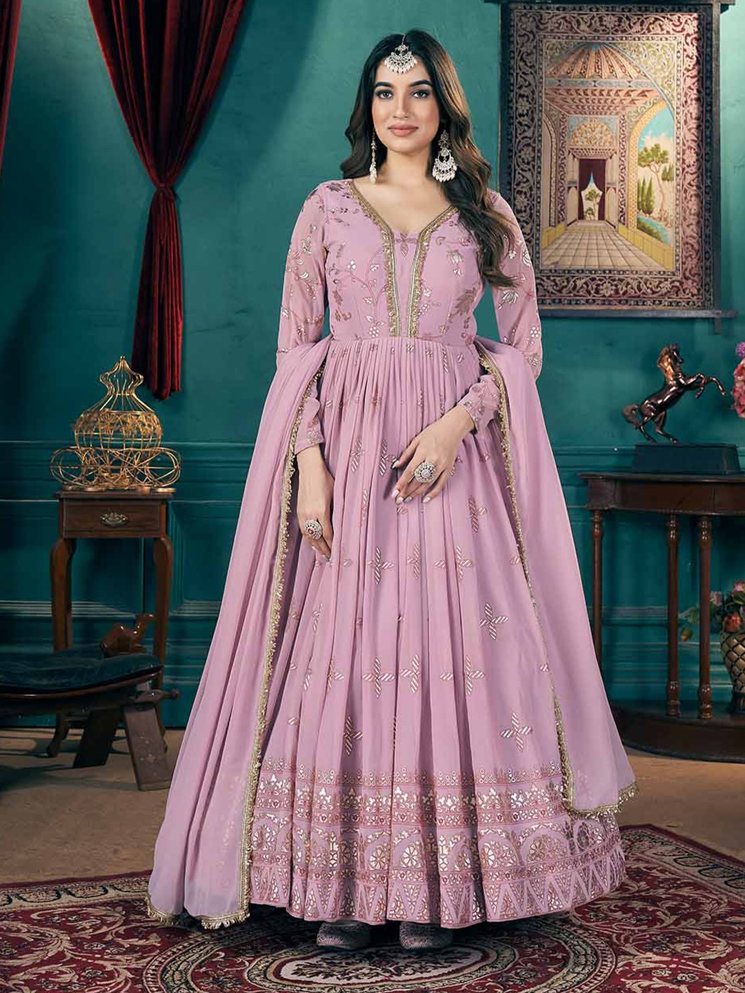 

KALINI Mettlic Foil Work Georgette Maxi Ethnic Dresses, Pink