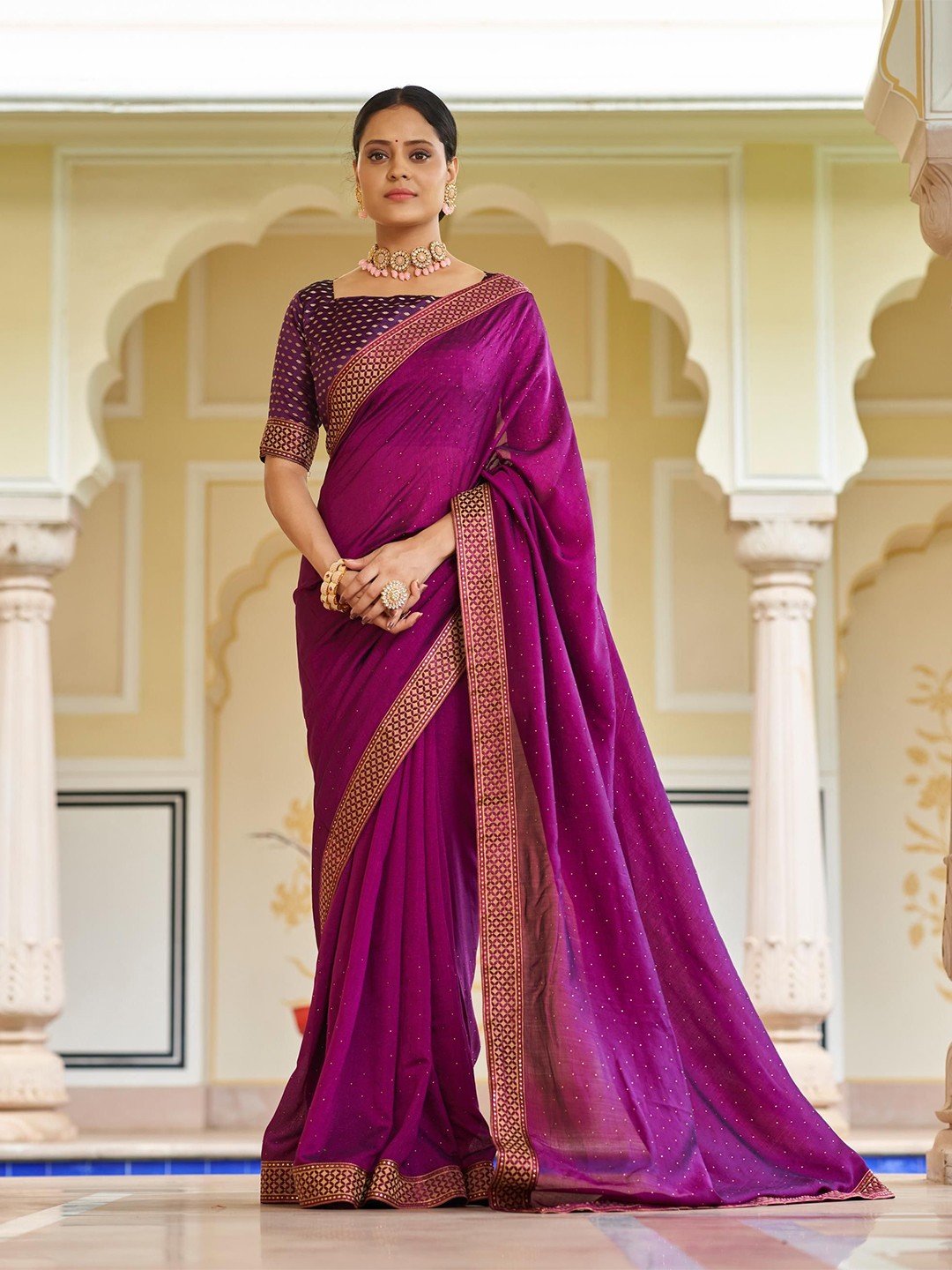

Kalista Embellished Beads and Stones Saree, Purple